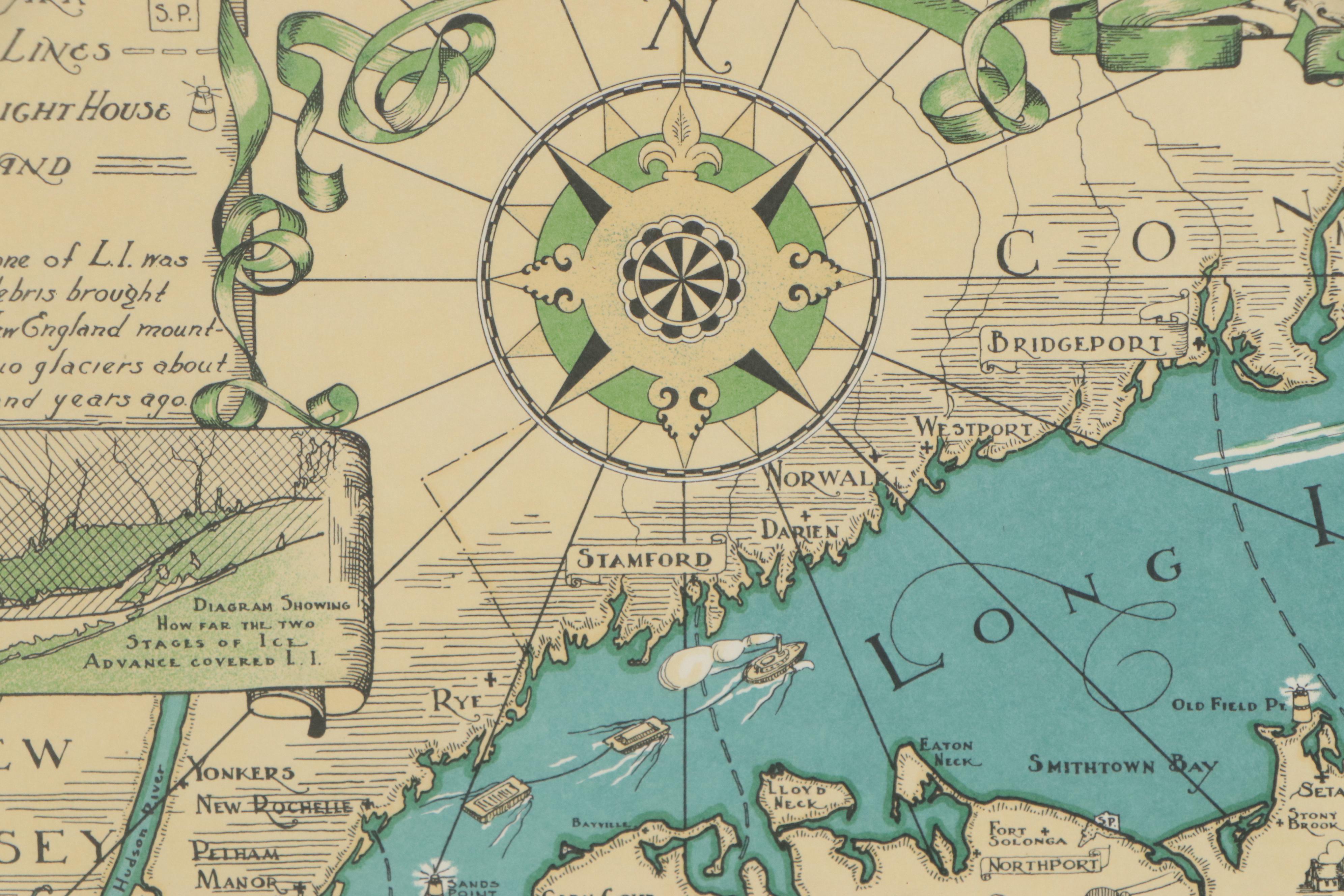 Lithograph Map after Courtland Smith "A Map of Long Island," circa 1961