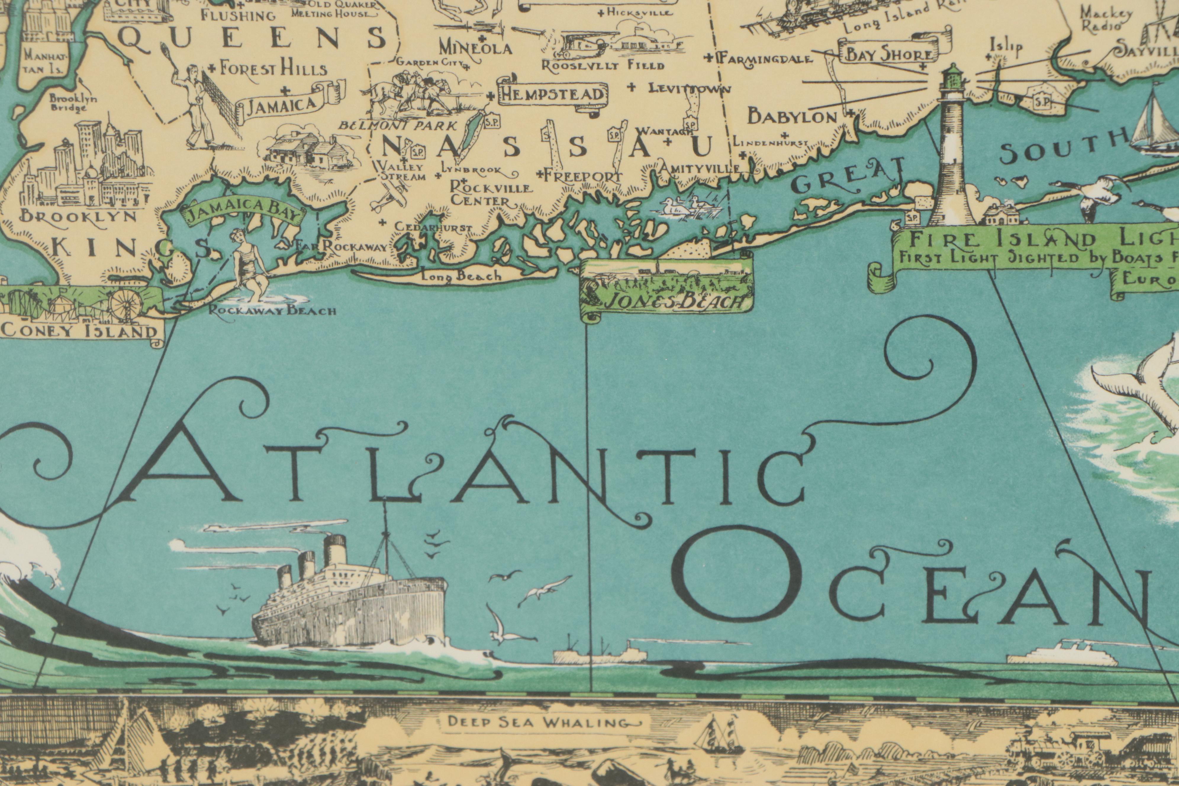Lithograph Map after Courtland Smith "A Map of Long Island," circa 1961