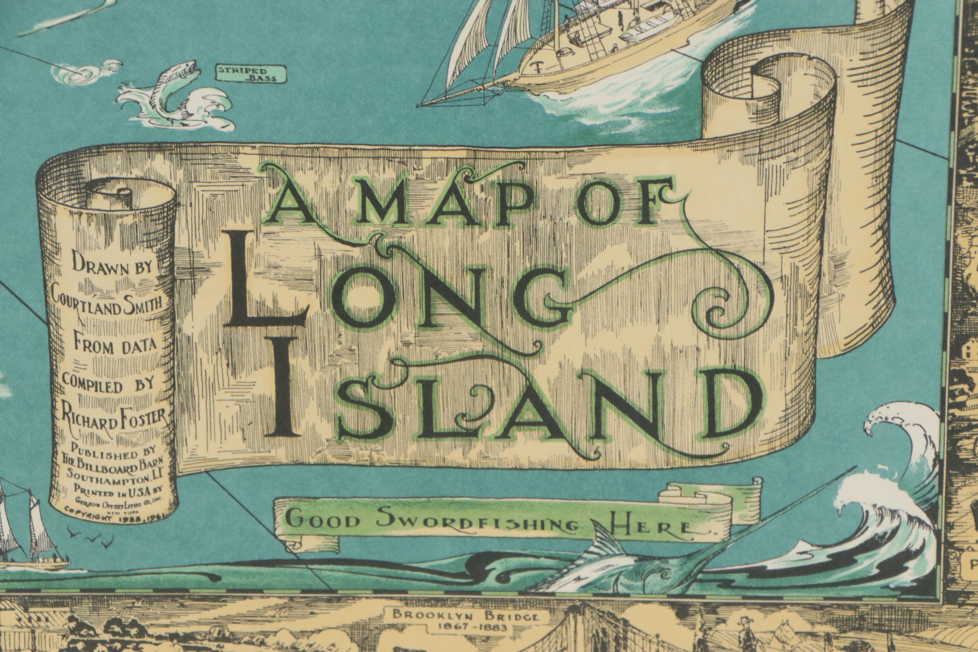Lithograph Map after Courtland Smith "A Map of Long Island," circa 1961