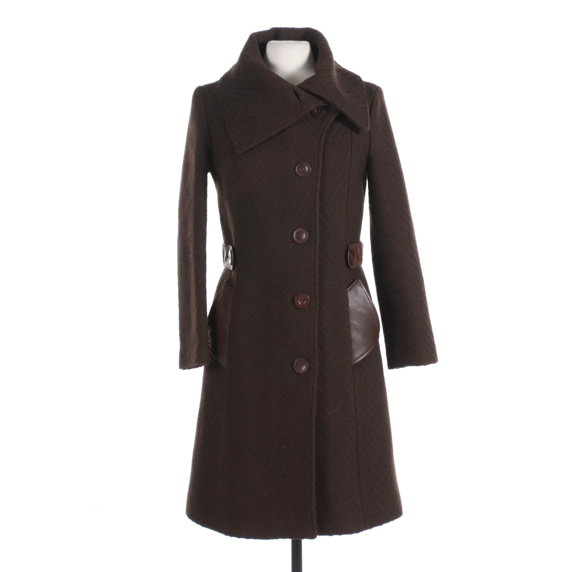 Mackage Brown Chevron Weave Wool Blend Coat with Leather Trim