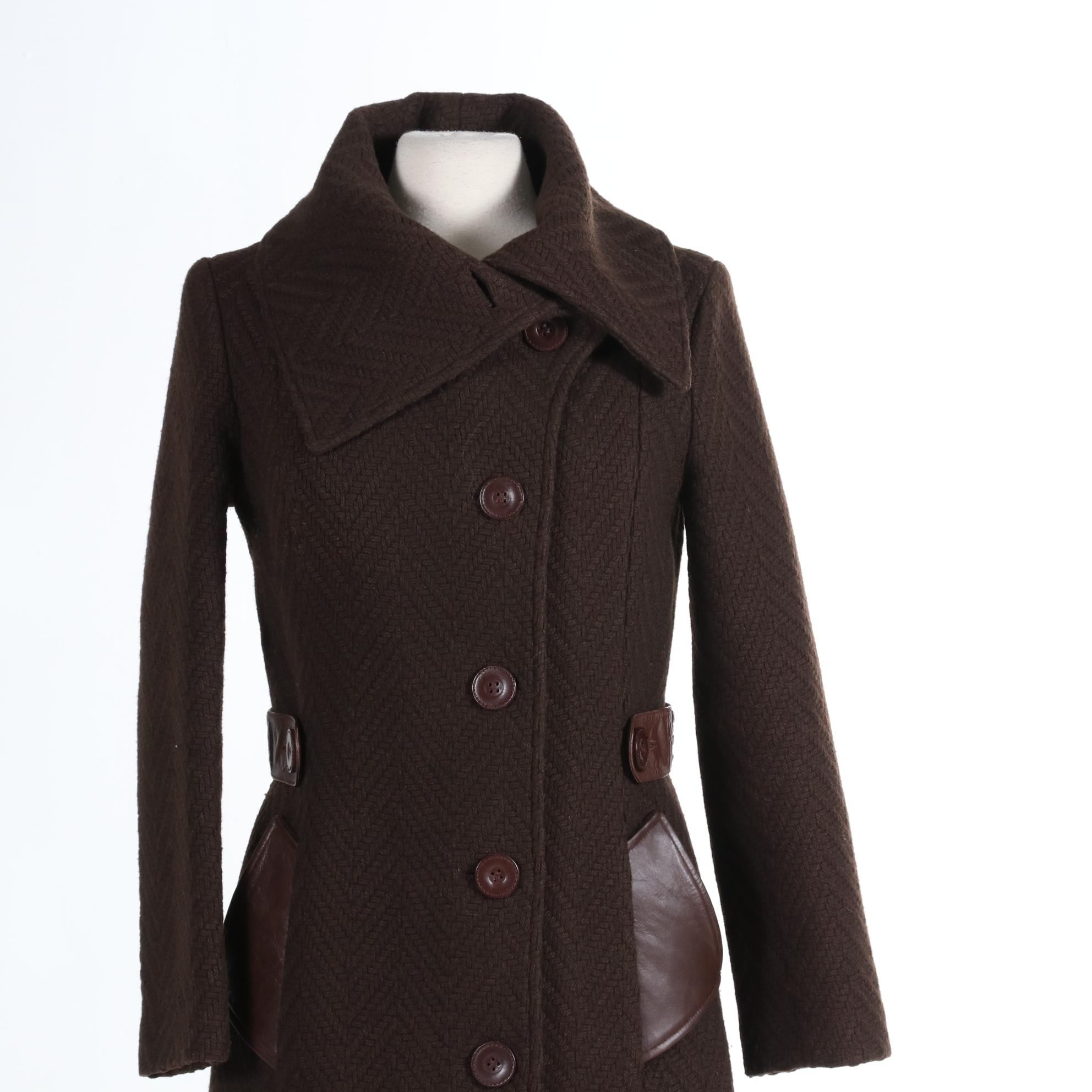 Mackage Brown Chevron Weave Wool Blend Coat with Leather Trim