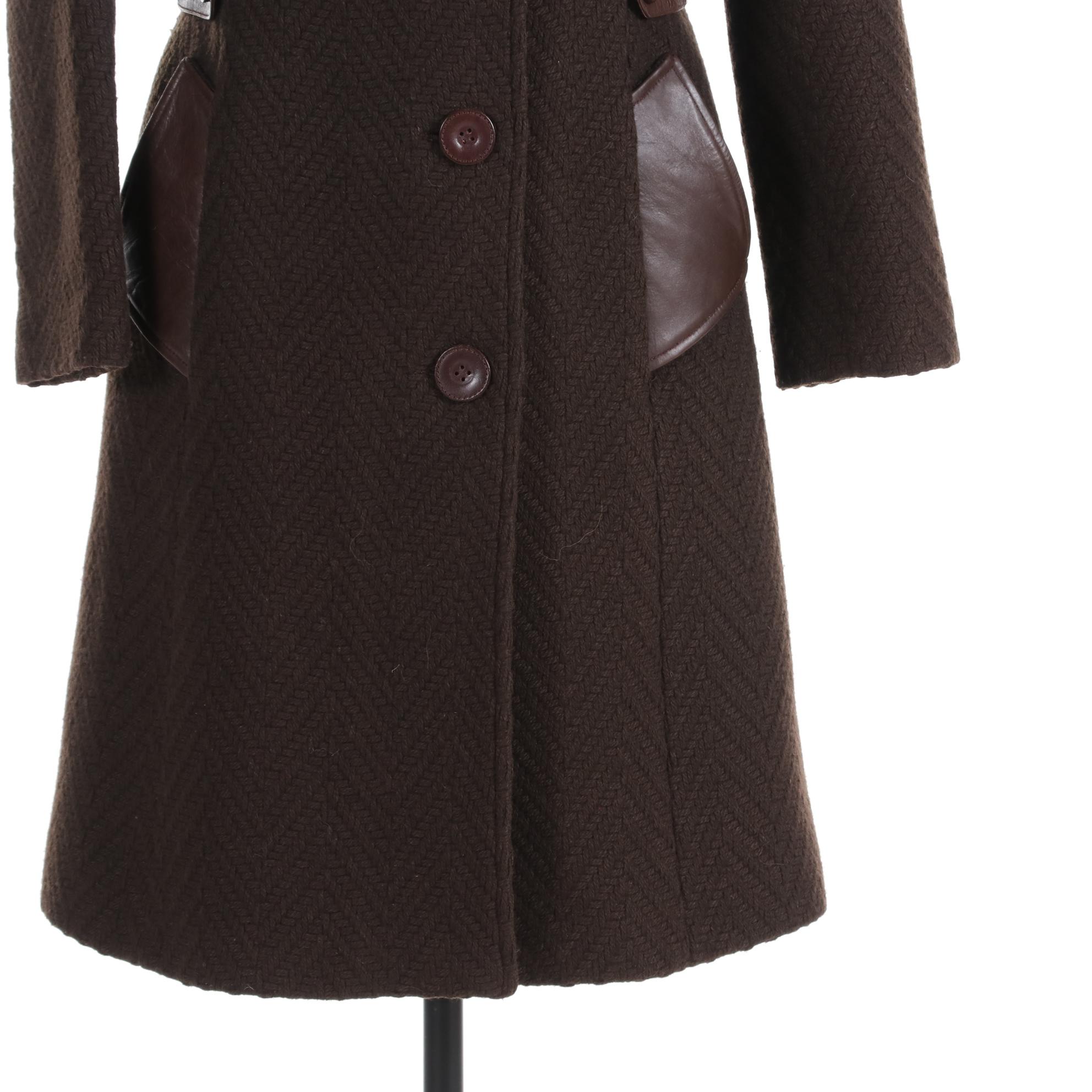 Mackage Brown Chevron Weave Wool Blend Coat with Leather Trim
