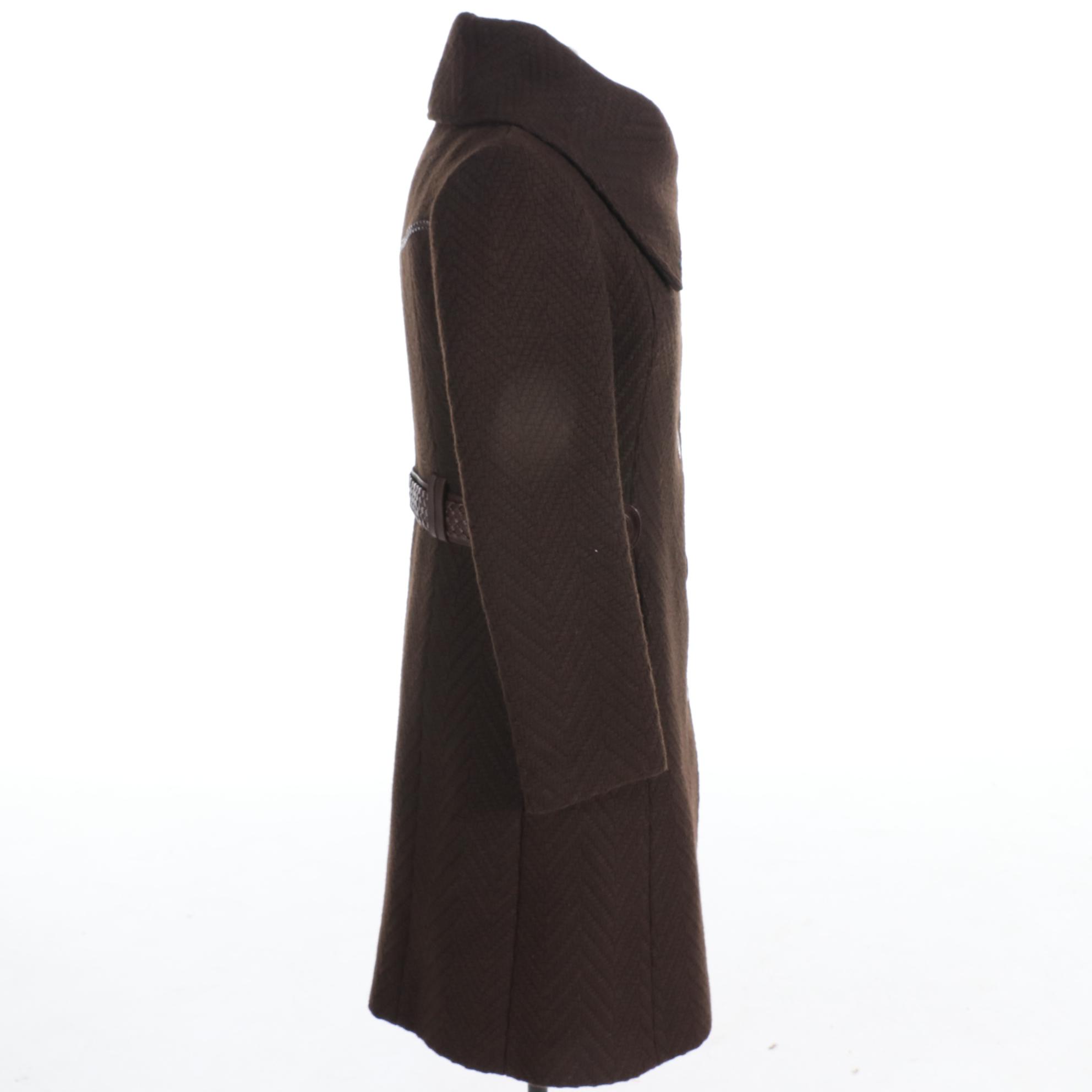 Mackage Brown Chevron Weave Wool Blend Coat with Leather Trim