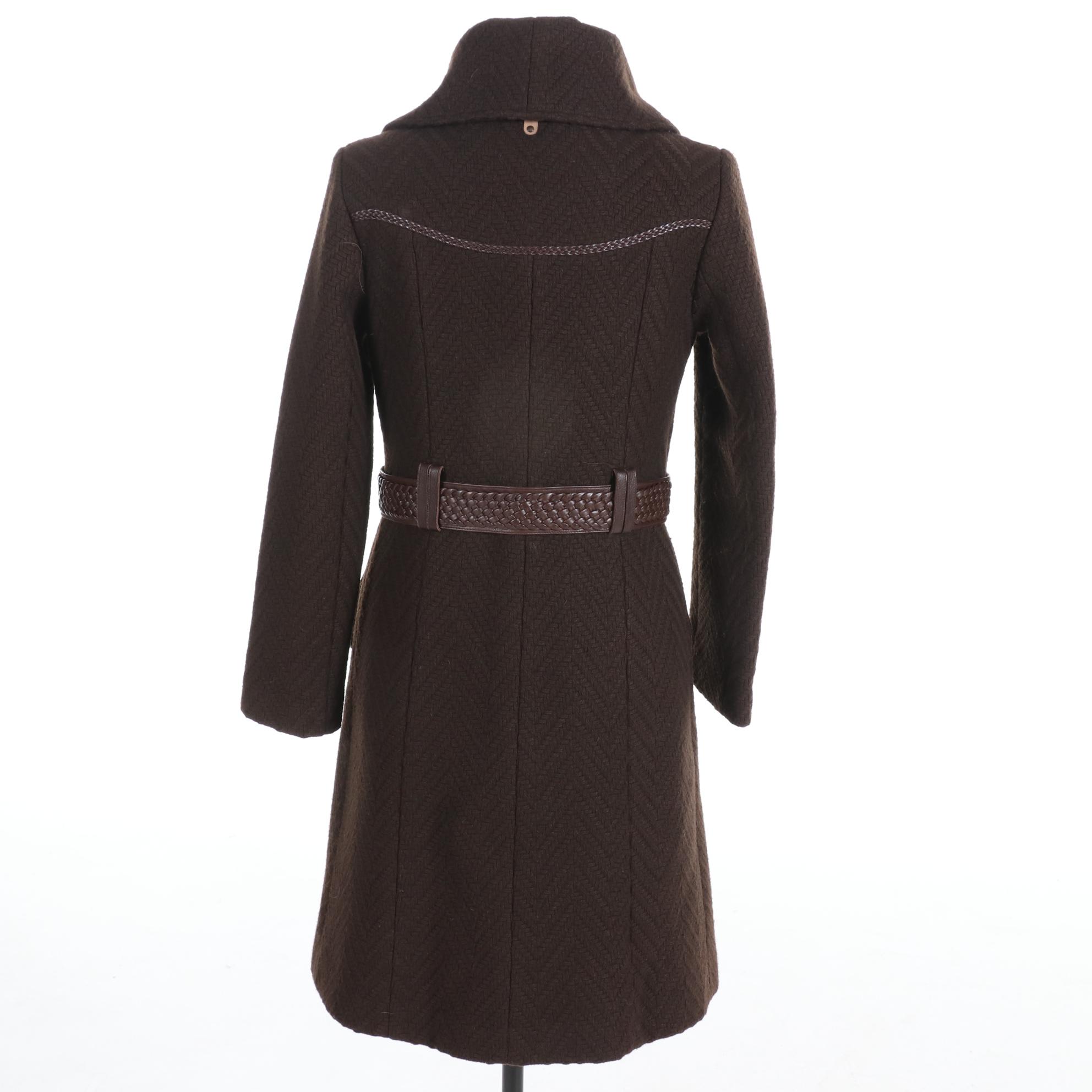 Mackage Brown Chevron Weave Wool Blend Coat with Leather Trim