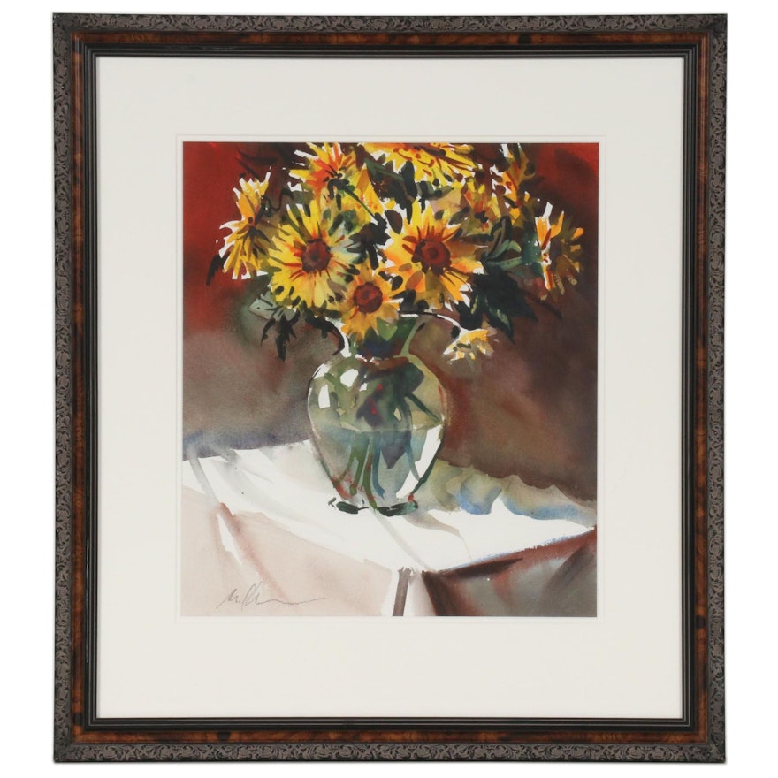 Still Life Watercolor Painting of Vase of Sunflowers