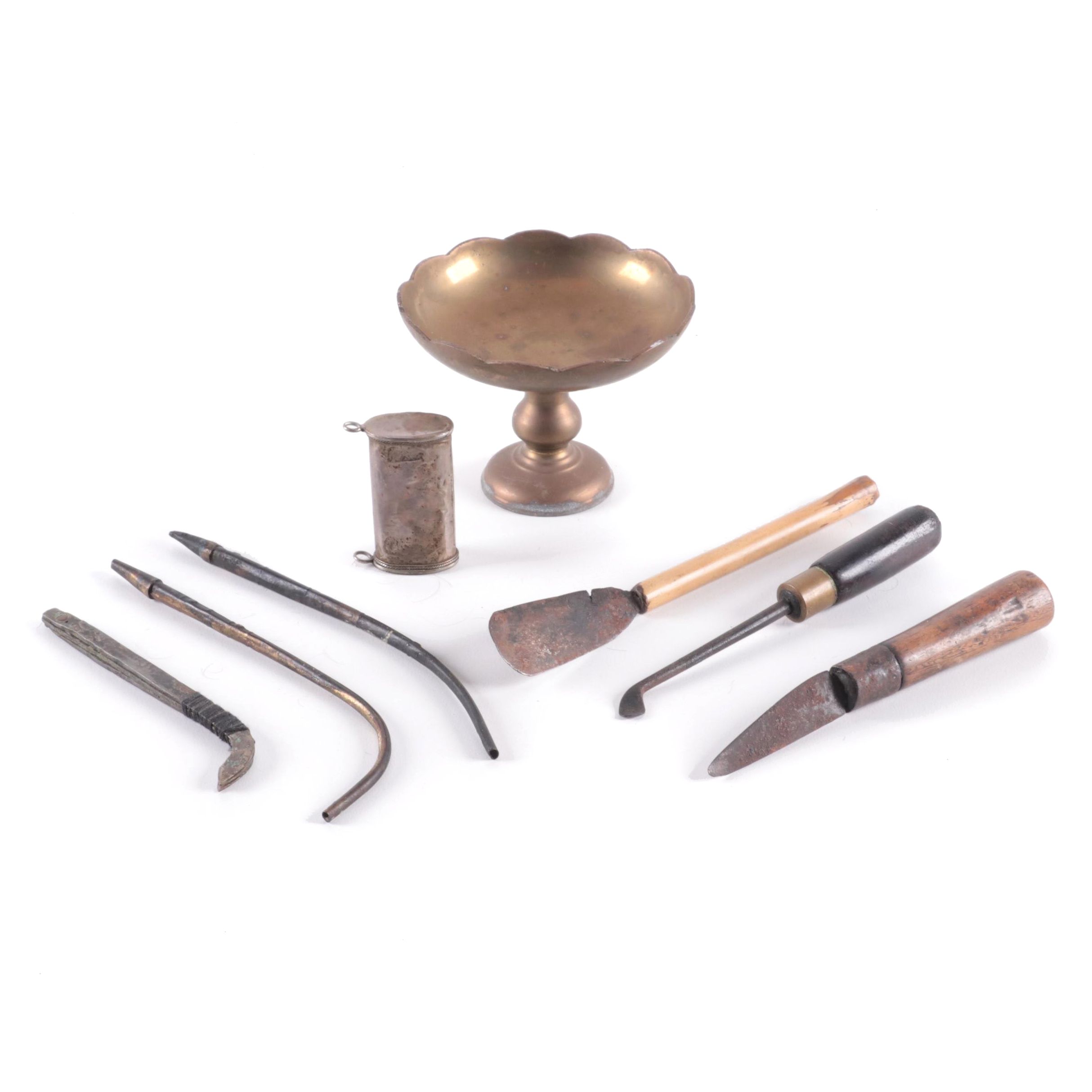 Burmese Opium Knife, Brass Pedestal Compote, Hand Tools, More, Early/Mid 20th C.