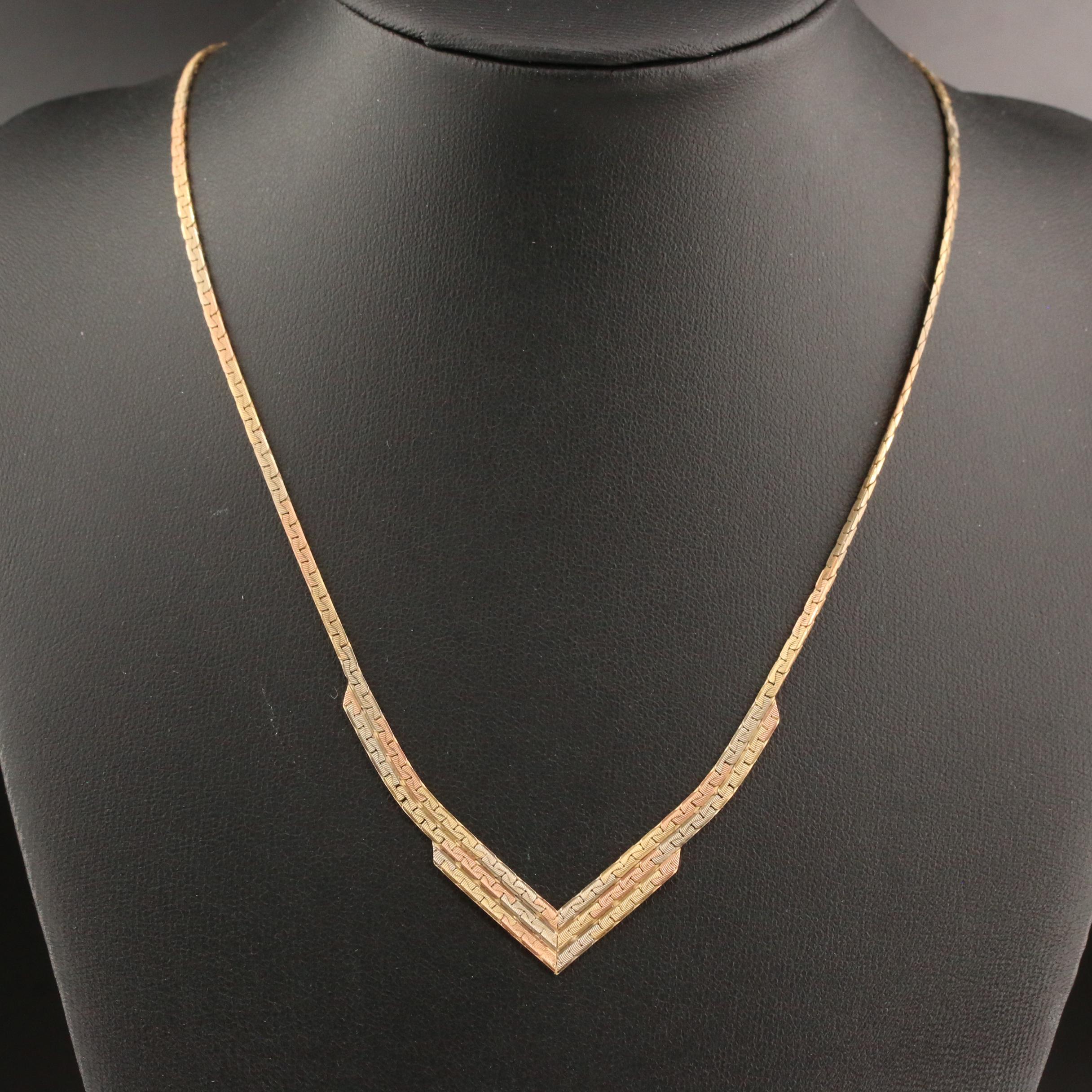 14K Tri-Color Gold Chevron C-Link Necklace