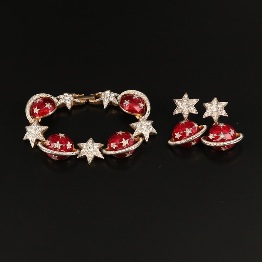 Butler & Wilson of London Stars and Saturn Enamel and Rhinestone Jewelry Set