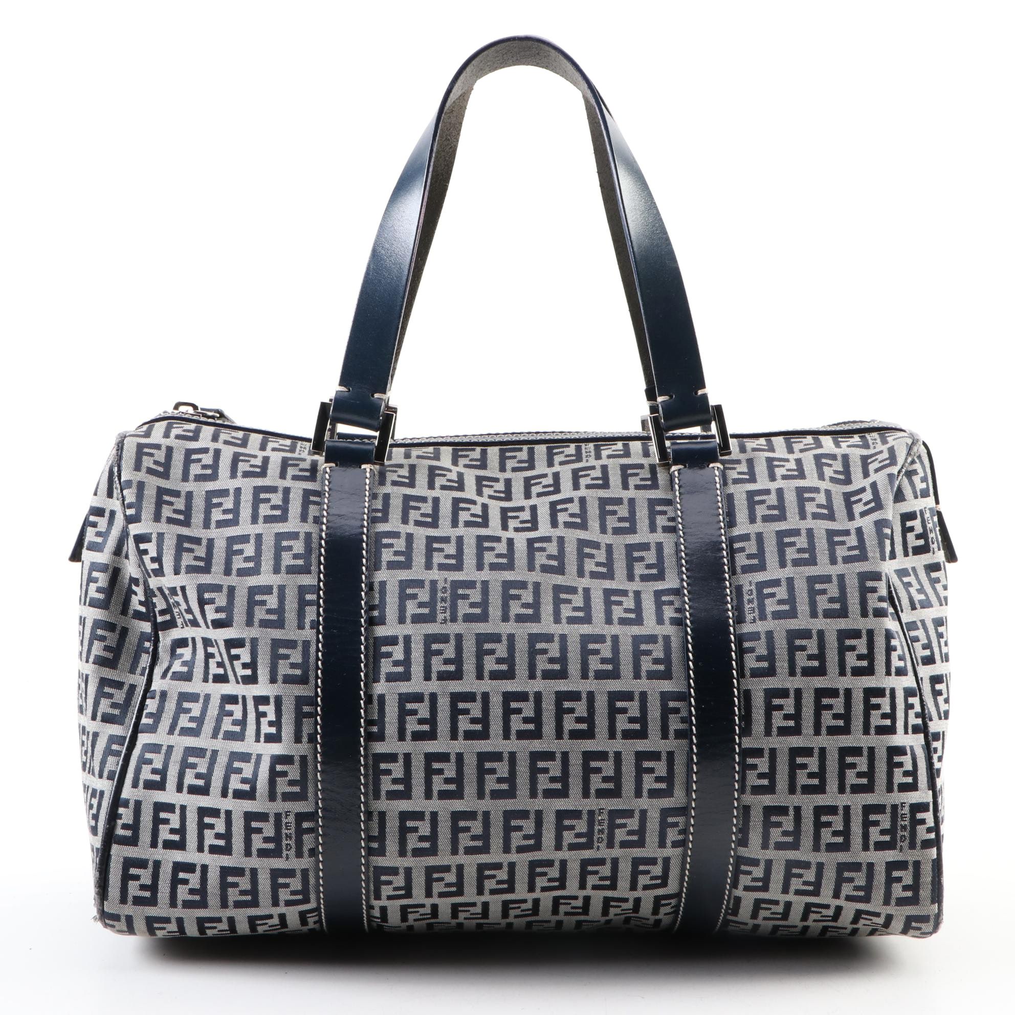Fendi Navy Zucchino Canvas Boston Bag