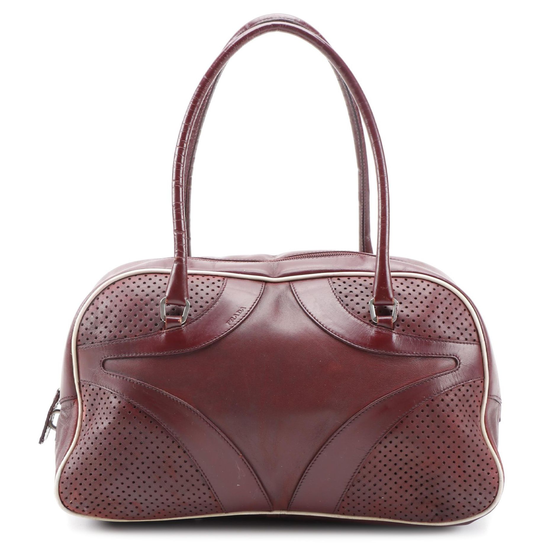 Modified Prada Bowling Bag in Maroon Leather with White Leather Piping