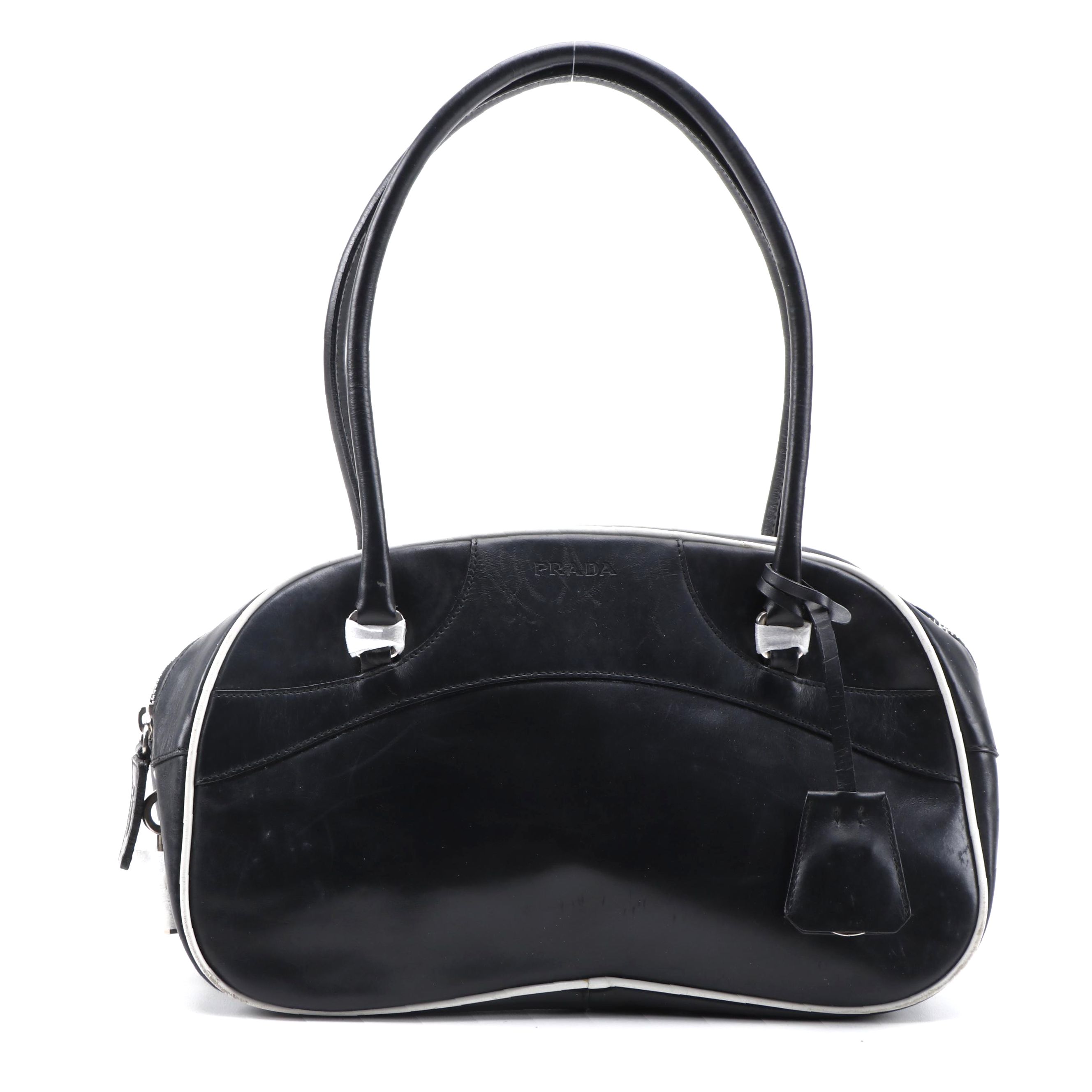 Prada Black and White Leather Bowler Shoulder Bag