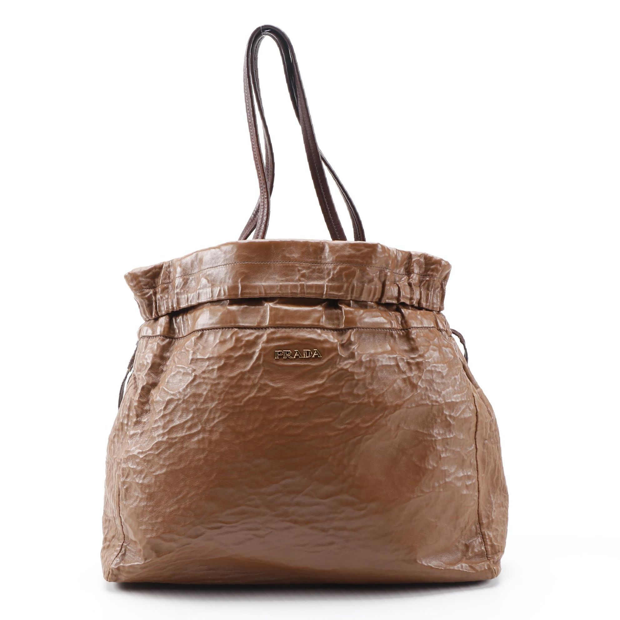 Prada Brown Crinkled Leather Drawstring Shoulder Tote