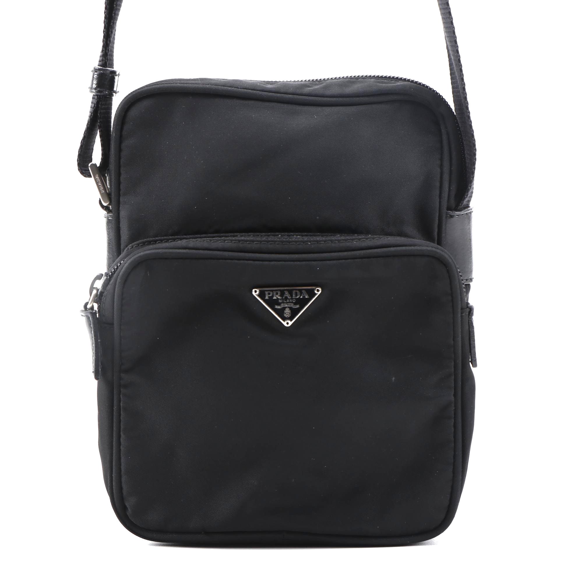 Prada Black Tessuto Front Pocket Camera Crossbody with Leather Trim