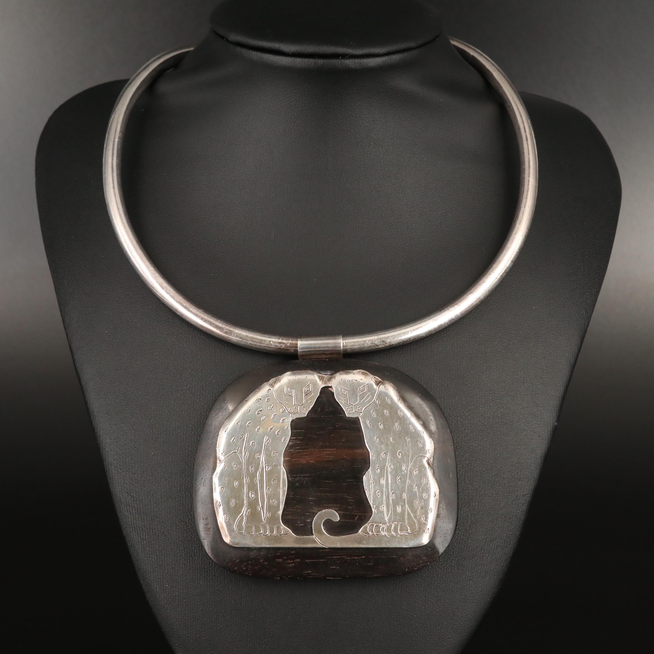 Celia Sebiri Sterling Silver and Wood Leopard Torque Necklace