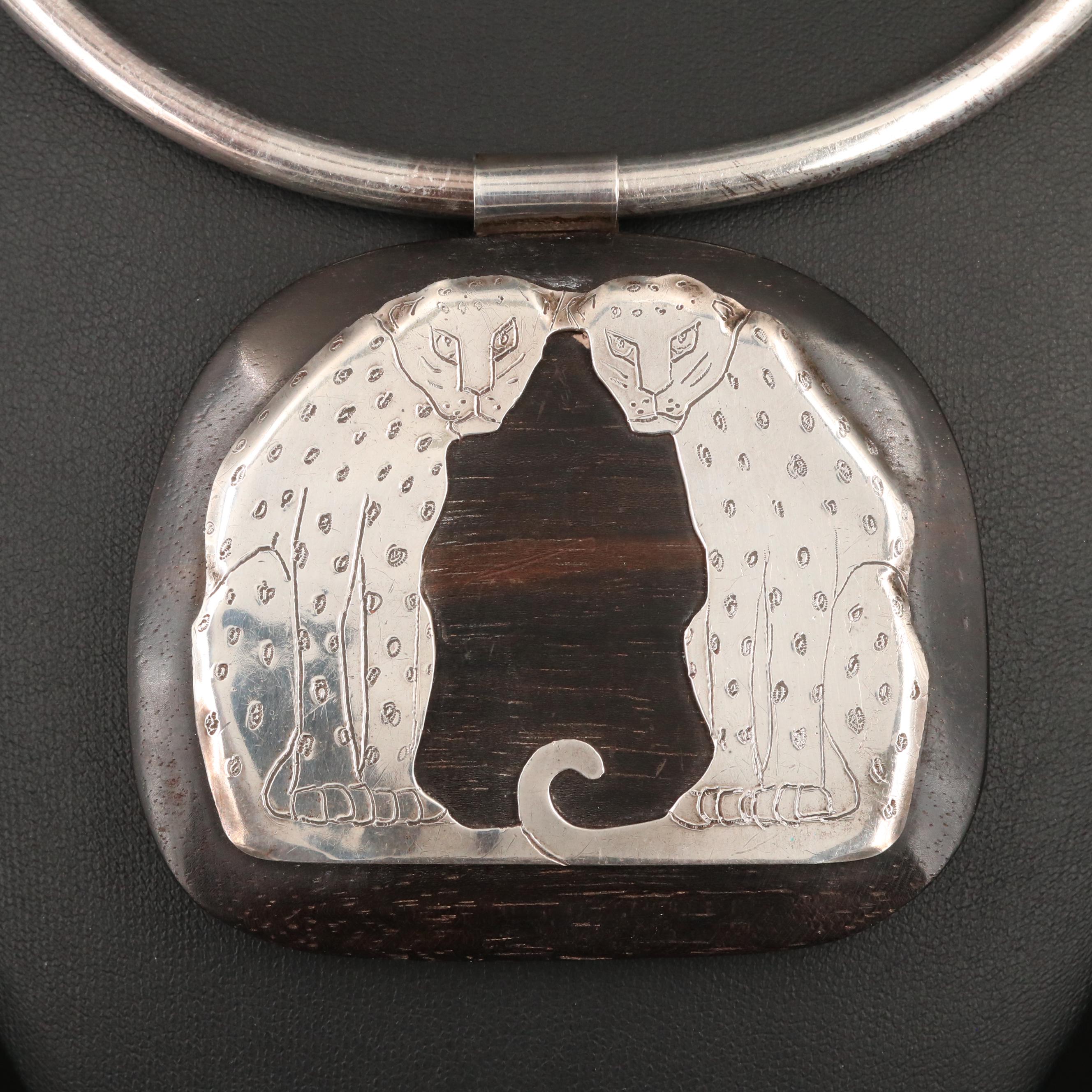 Celia Sebiri Sterling Silver and Wood Leopard Torque Necklace