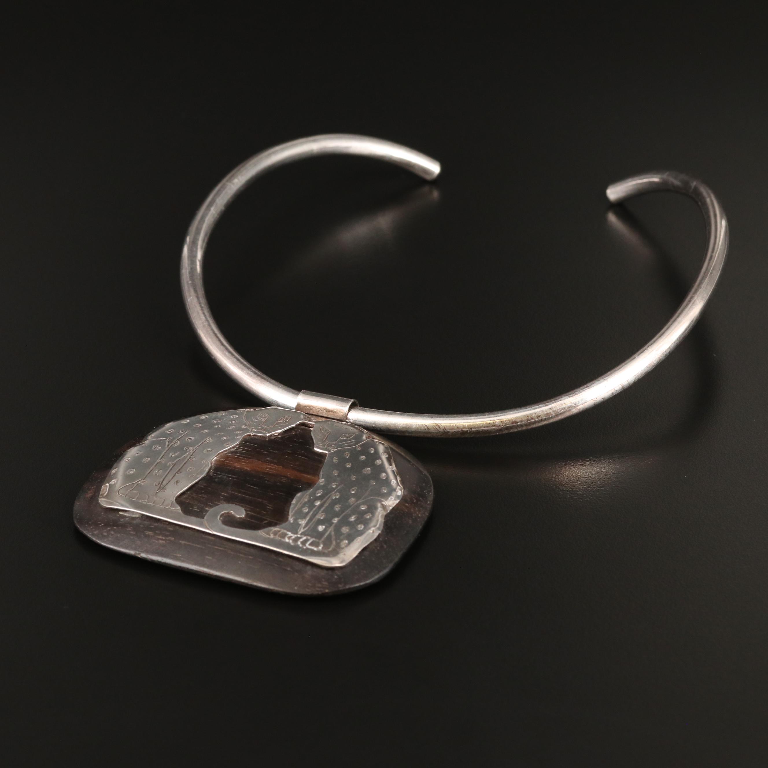 Celia Sebiri Sterling Silver and Wood Leopard Torque Necklace