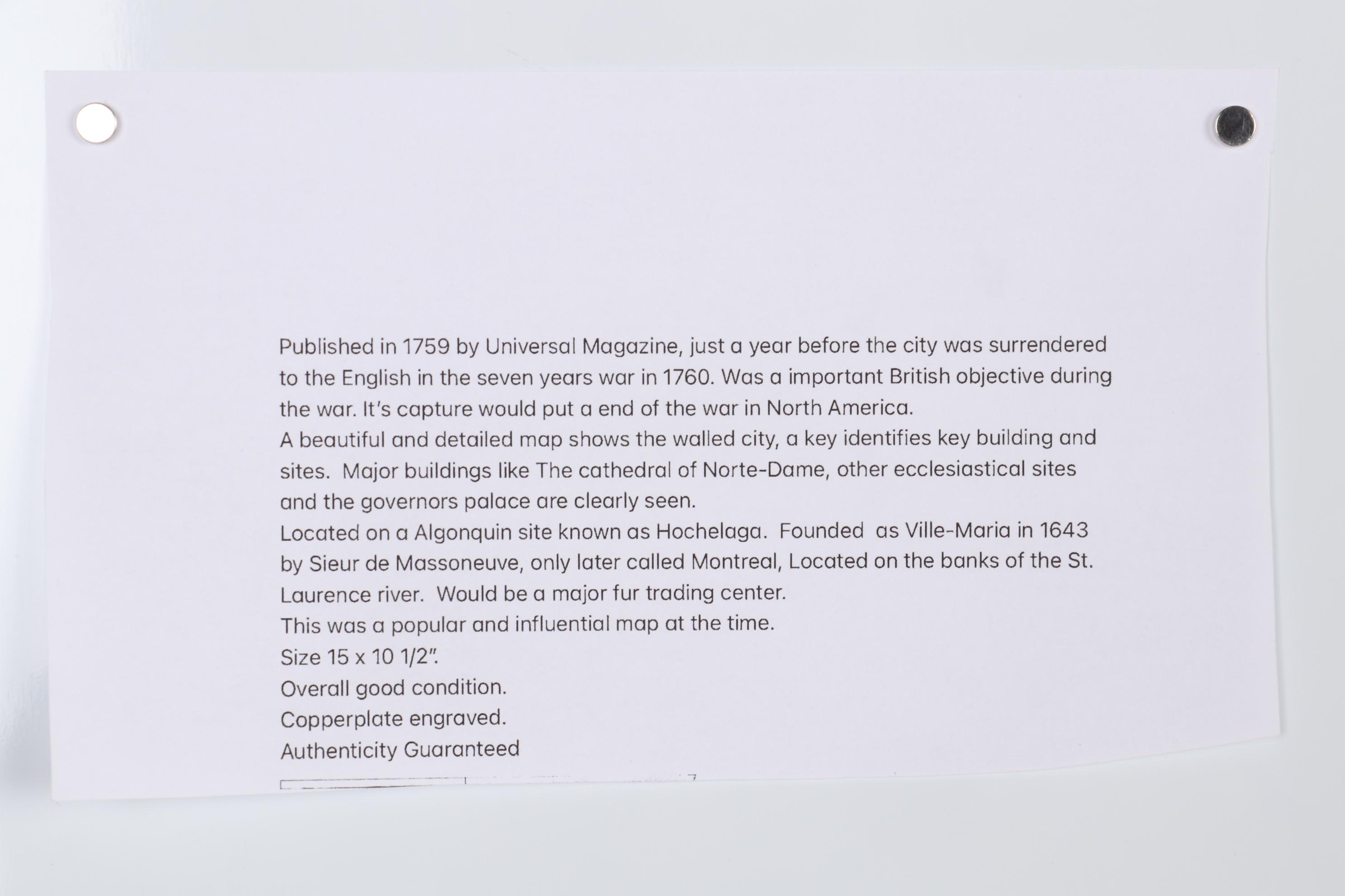 Engraved Map after Thomas Jefferys Plan of Montreal and Ville Marie, 1759