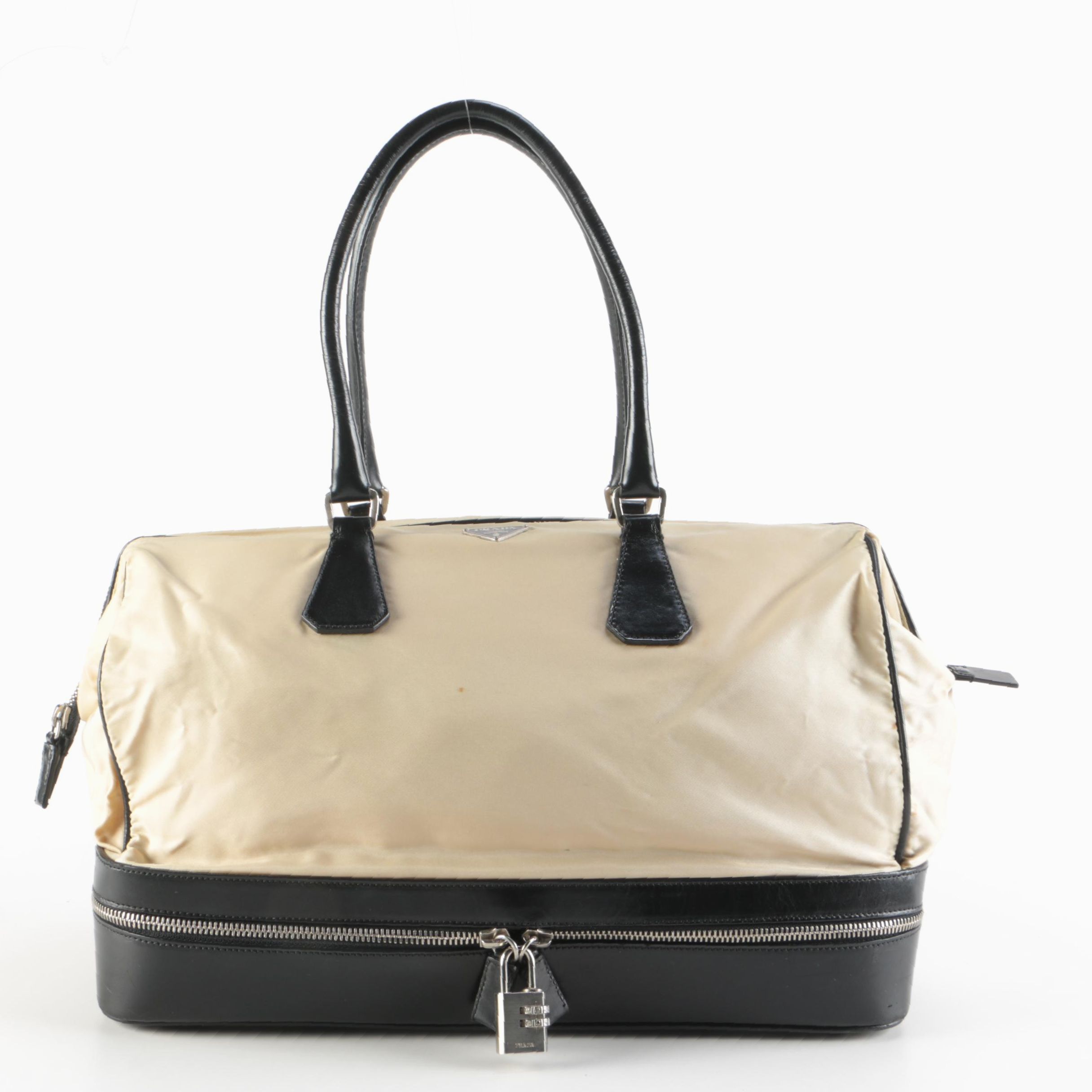 Prada Zip Bottom Doctor's Bag in Beige Nylon and Black Leather
