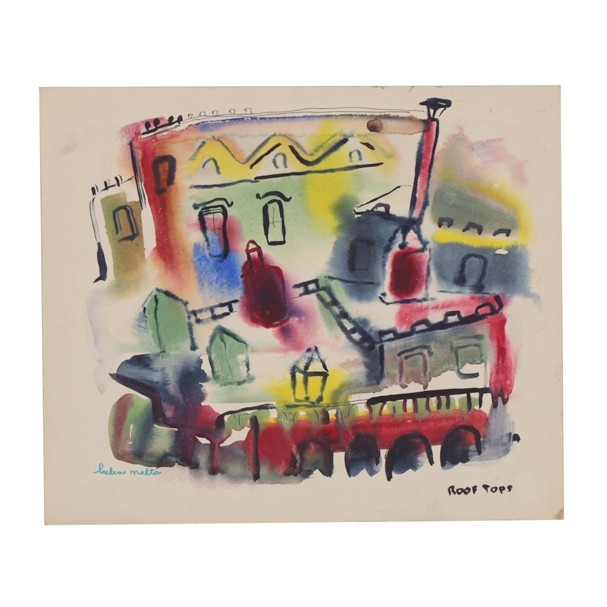 Helen Malta Abstract Watercolor Painting "Roof Tops"