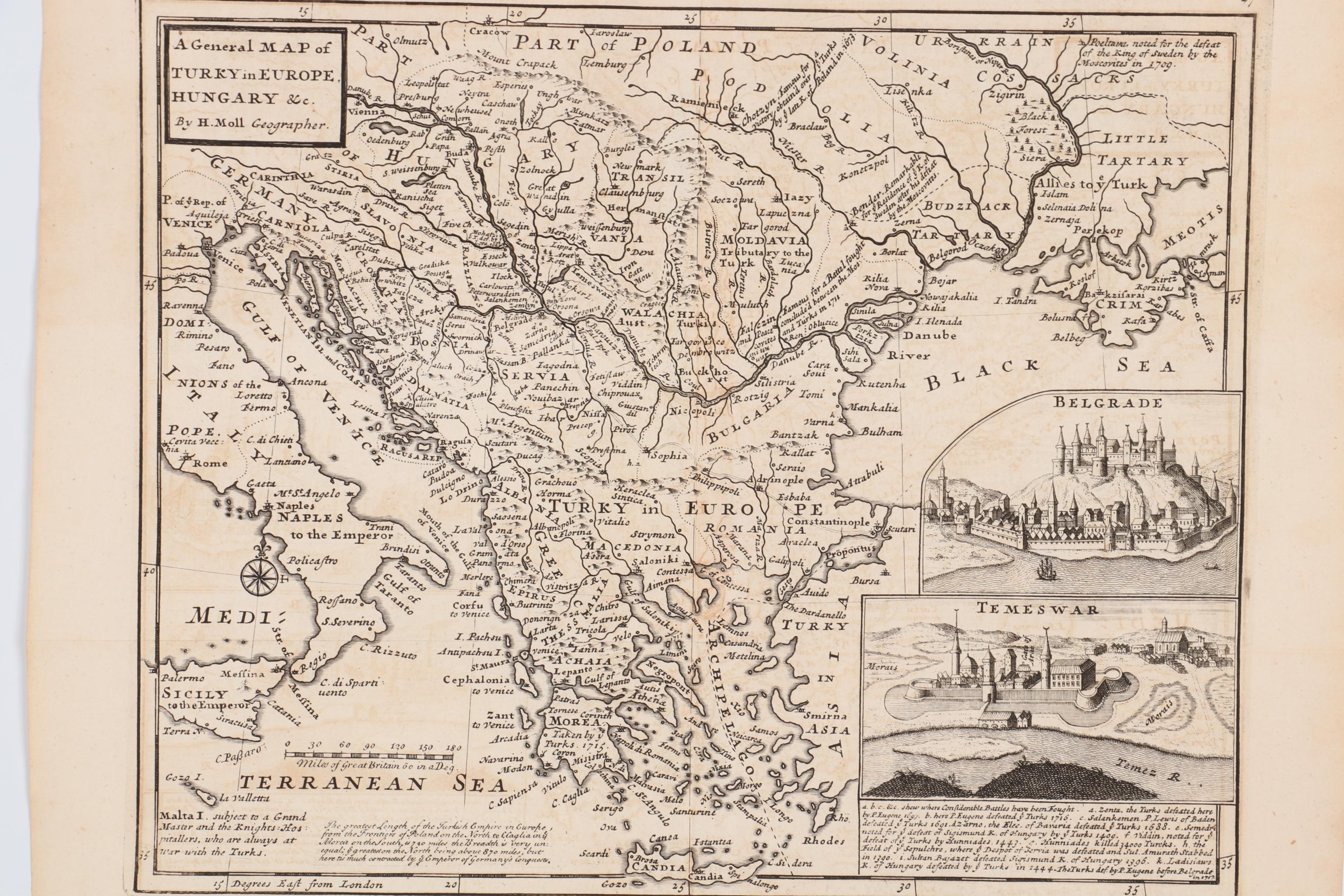 Herman Moll Engraving Map of Turkey and Hungary, circa 1729