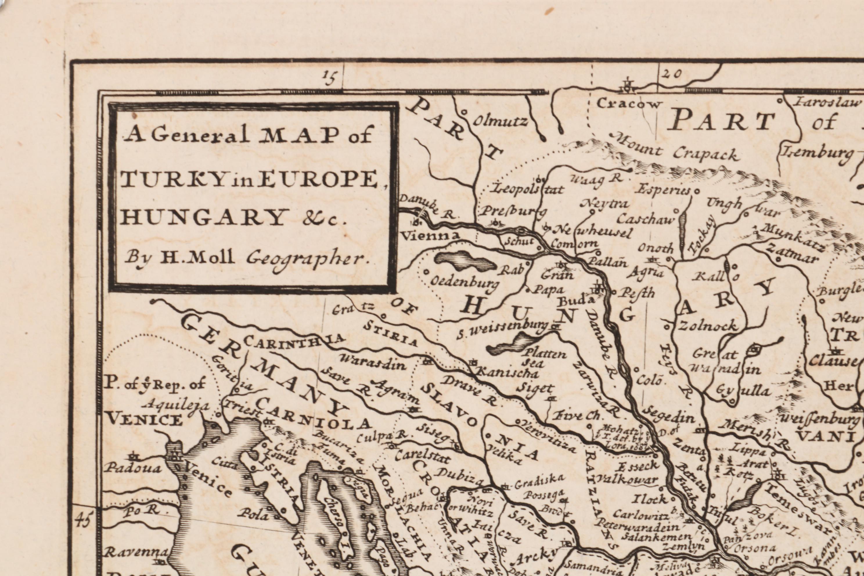 Herman Moll Engraving Map of Turkey and Hungary, circa 1729