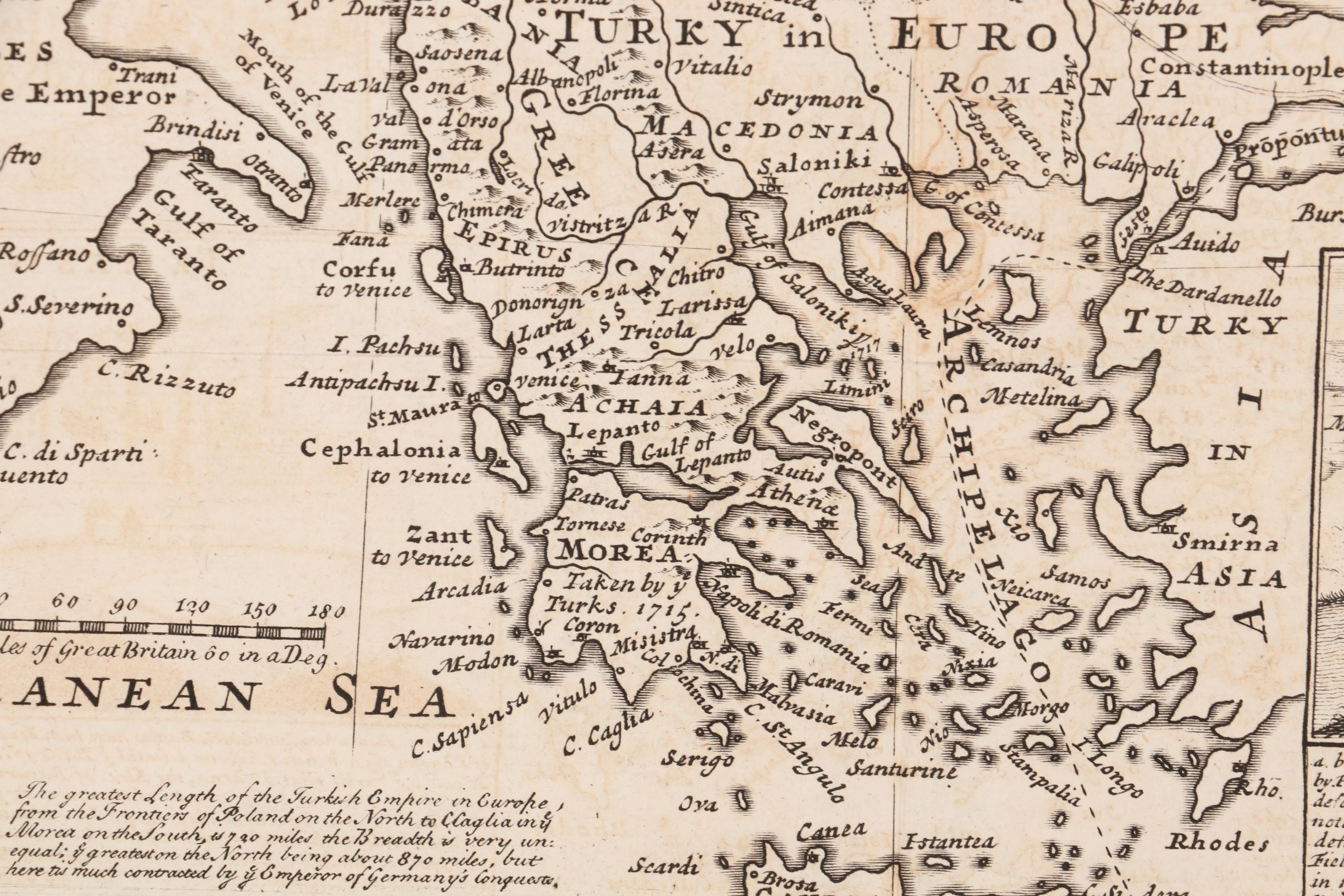 Herman Moll Engraving Map of Turkey and Hungary, circa 1729