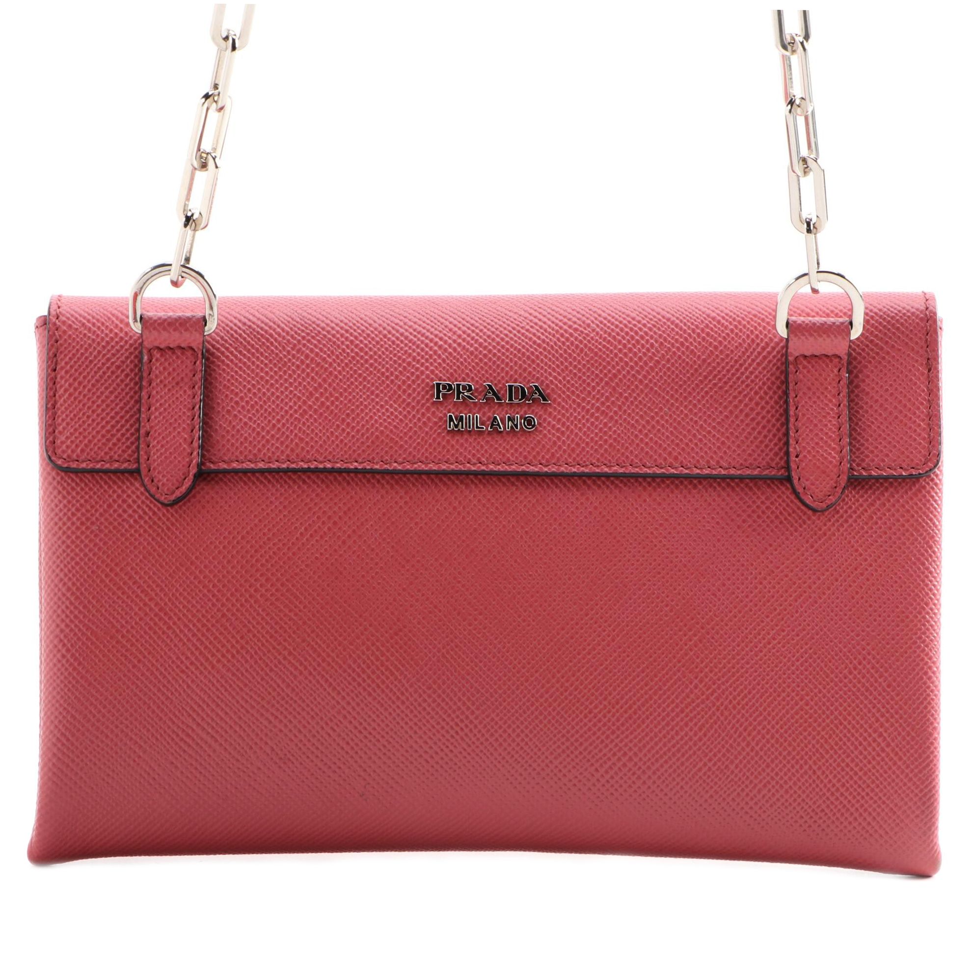 Prada Double Turn Lock Pink Saffiano Leather Chain Strap Purse