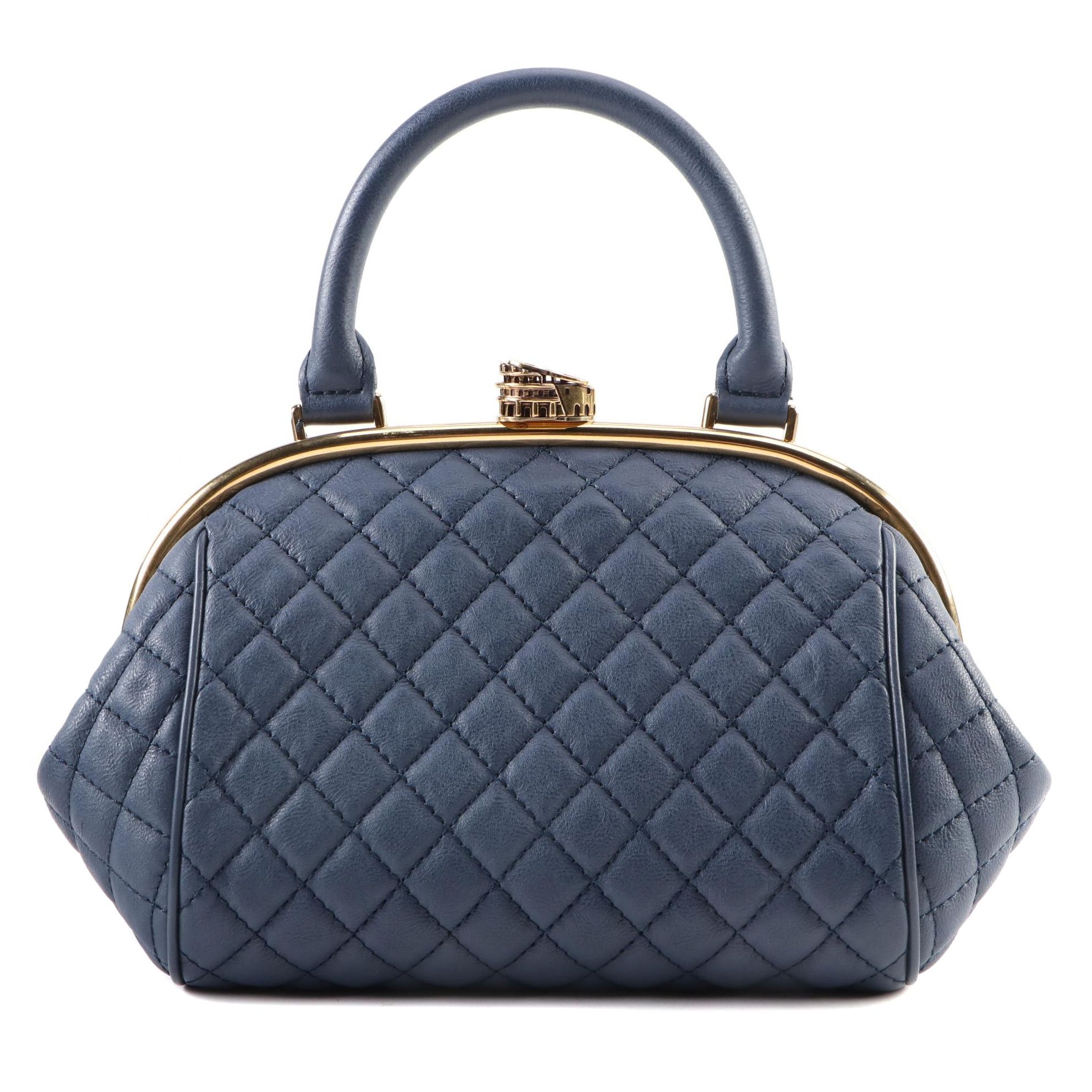 Chanel Roman Colosseum Lock Frame Quilted Blue Leather Two-Way Handbag