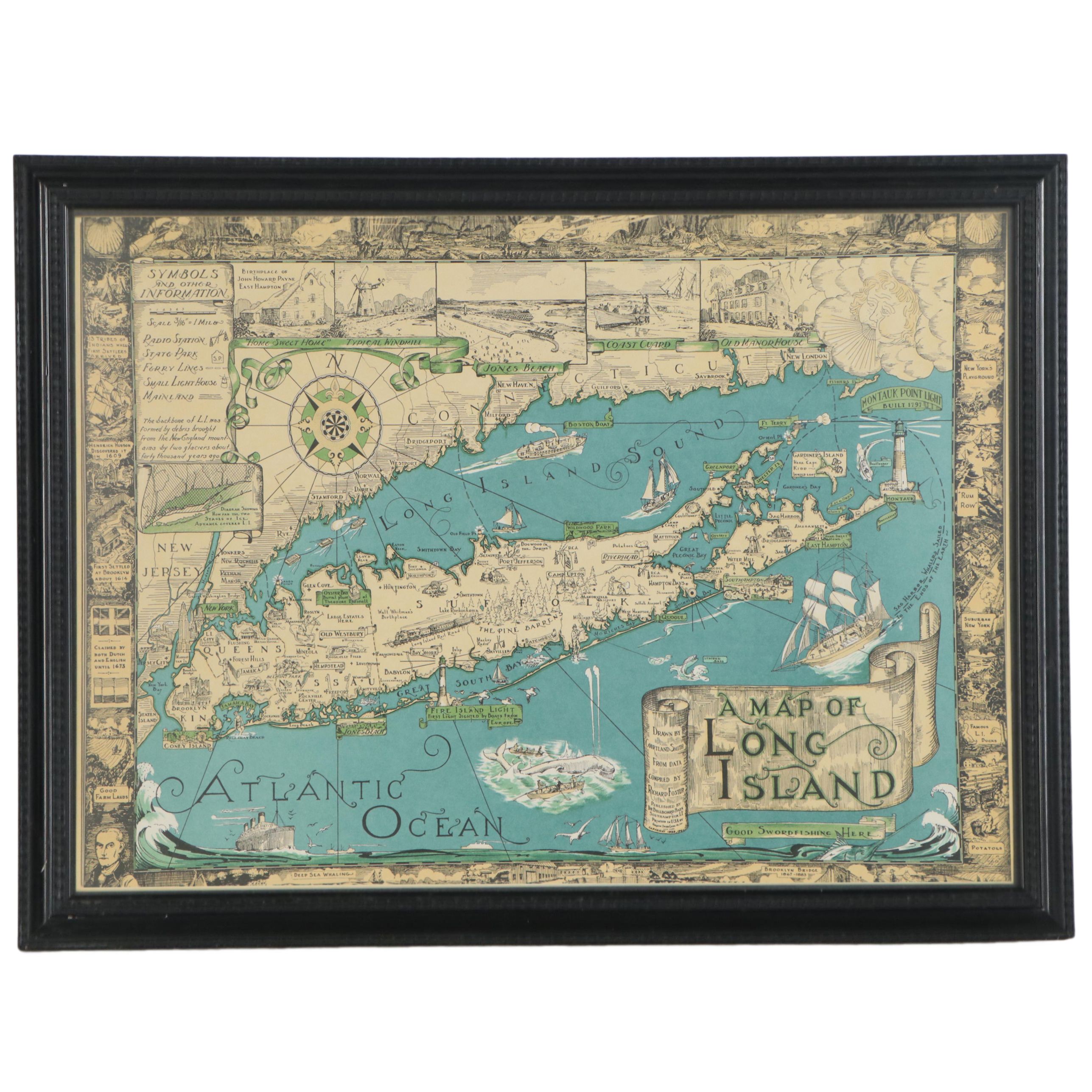 Lithograph Map after Courtland Smith "A Map of Long Island," circa 1961