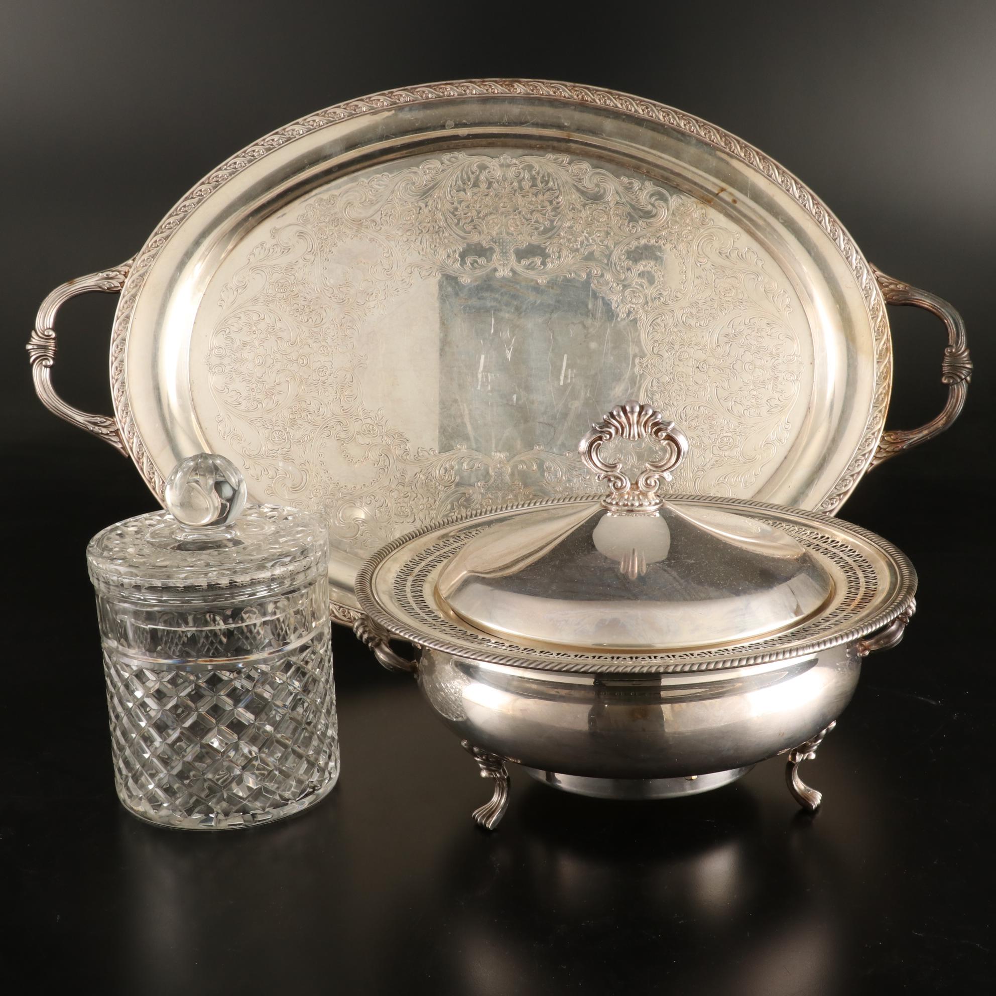 Imperlux Crystal Biscuit Barrel and Silver Plate Serving Pieces, Mid-20th C.