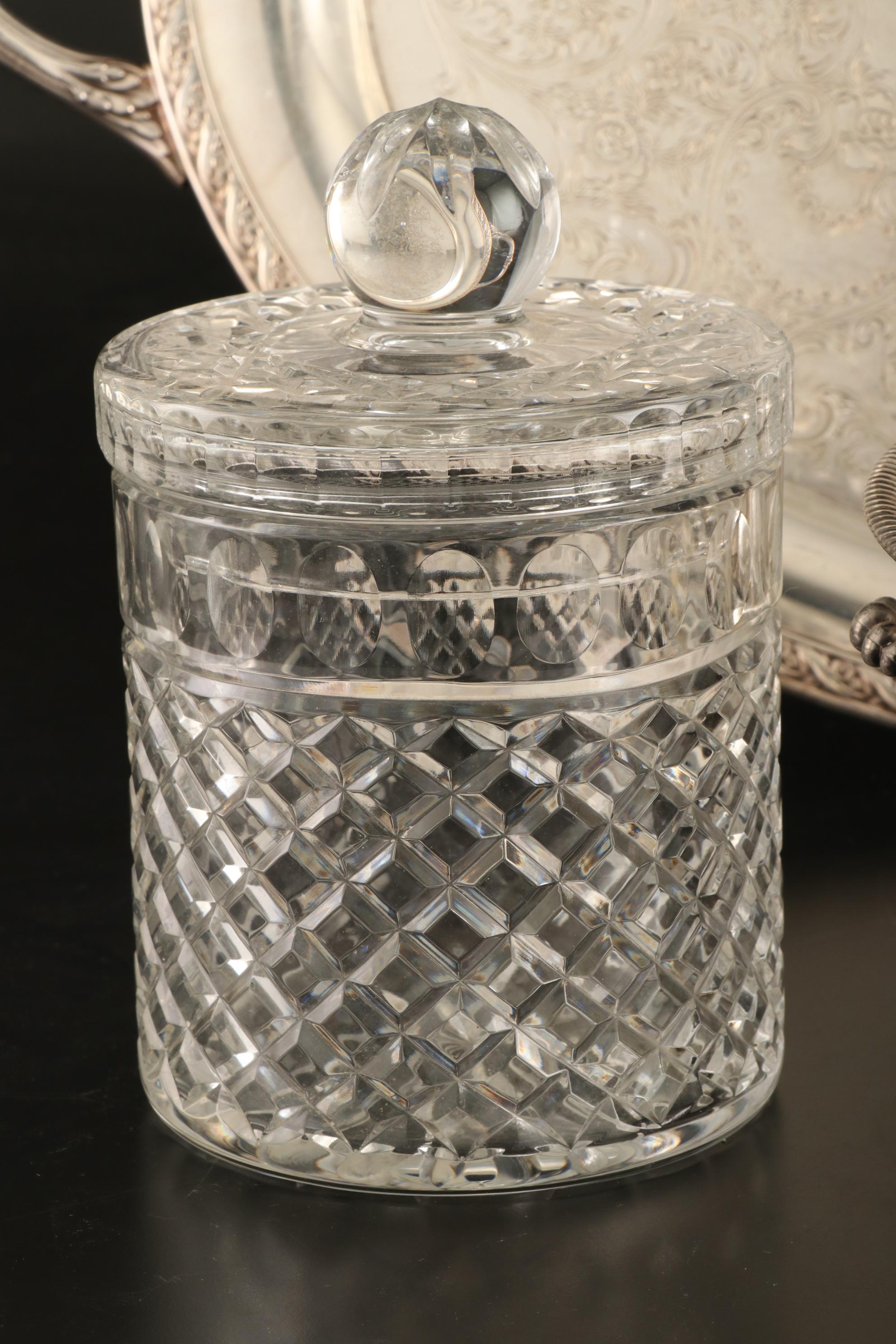 Imperlux Crystal Biscuit Barrel and Silver Plate Serving Pieces, Mid-20th C.