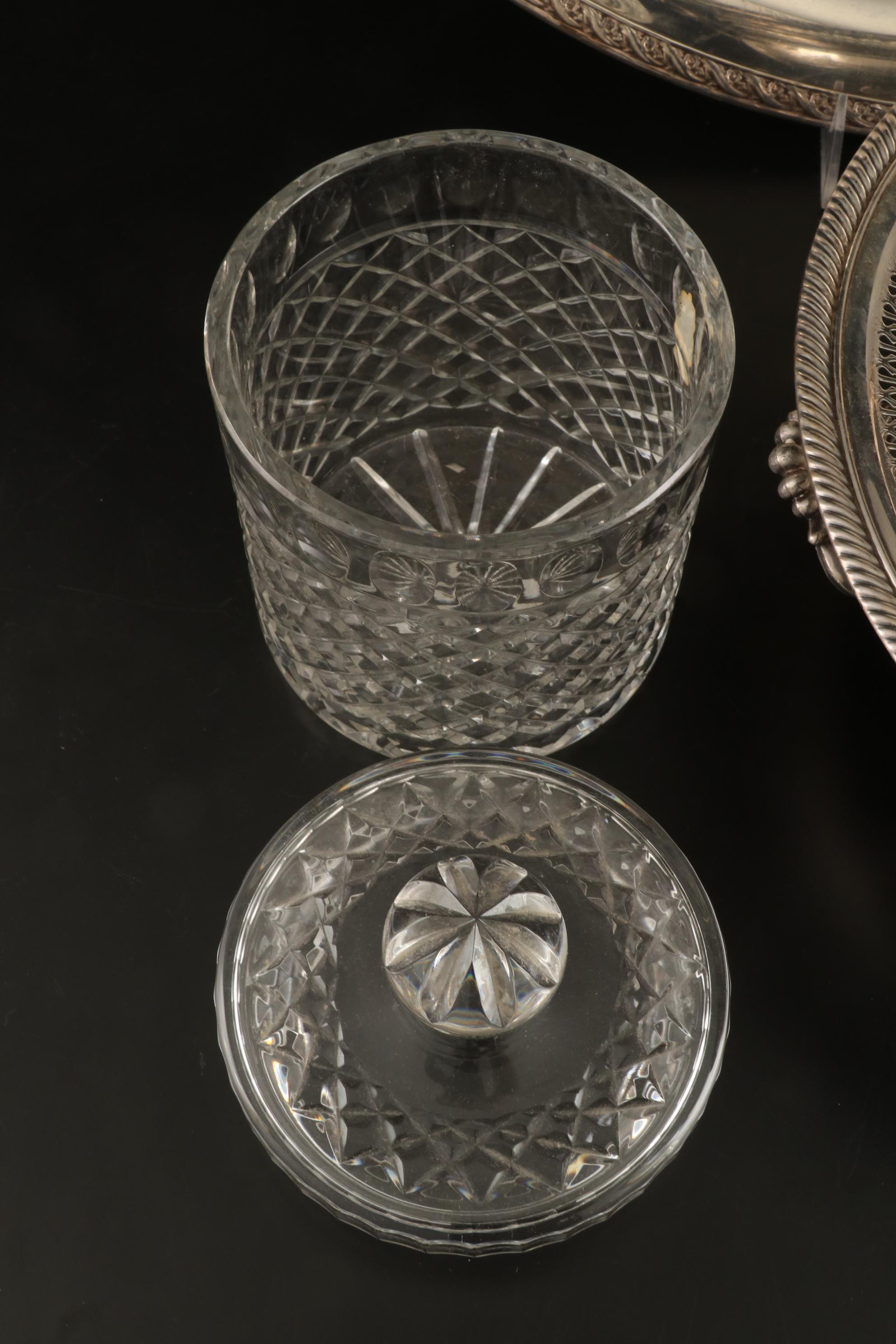 Imperlux Crystal Biscuit Barrel and Silver Plate Serving Pieces, Mid-20th C.