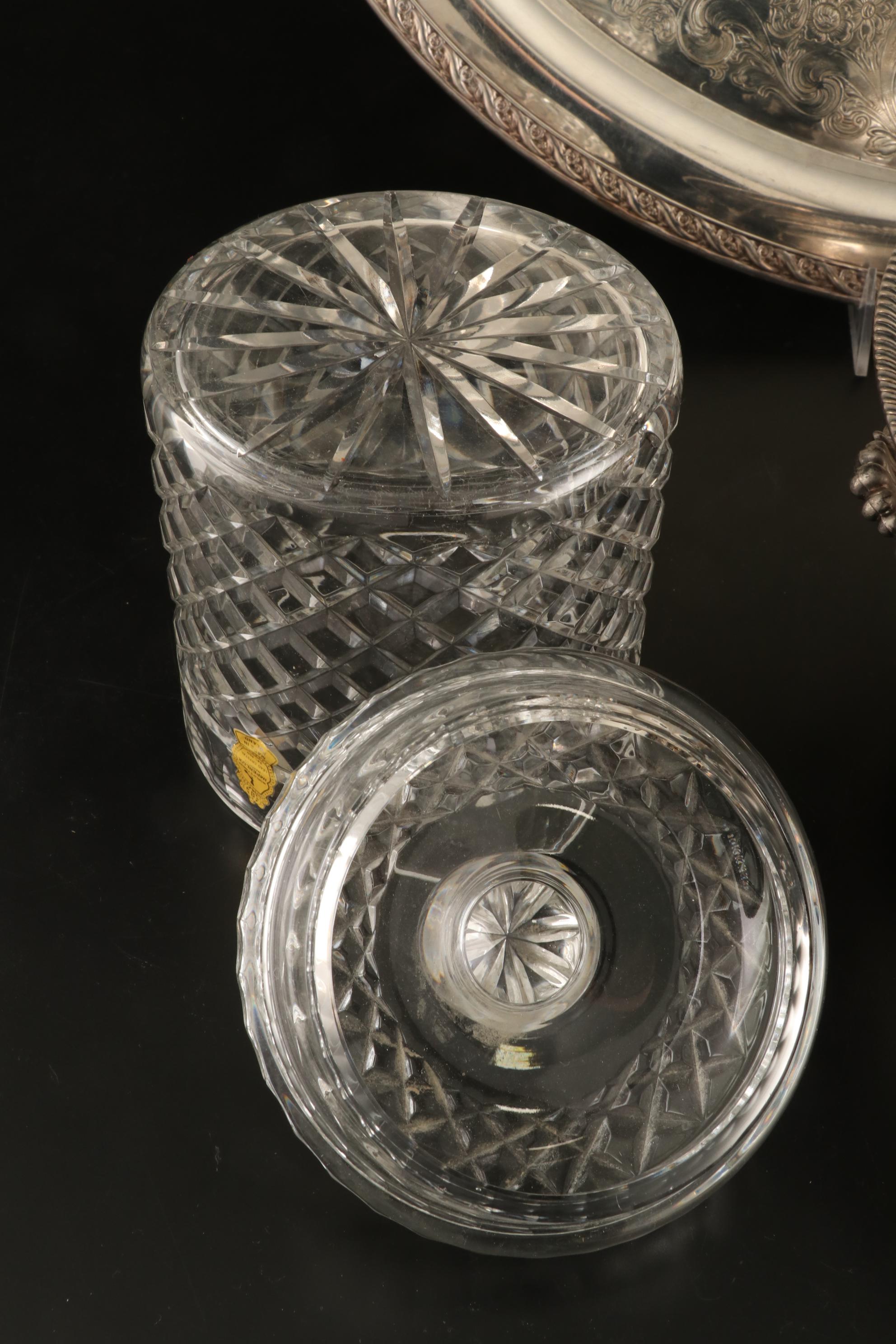 Imperlux Crystal Biscuit Barrel and Silver Plate Serving Pieces, Mid-20th C.