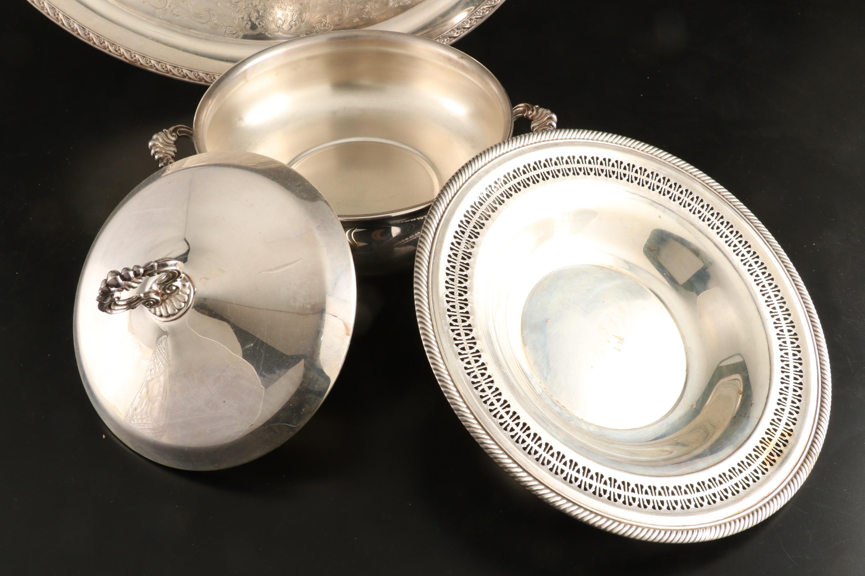 Imperlux Crystal Biscuit Barrel and Silver Plate Serving Pieces, Mid-20th C.