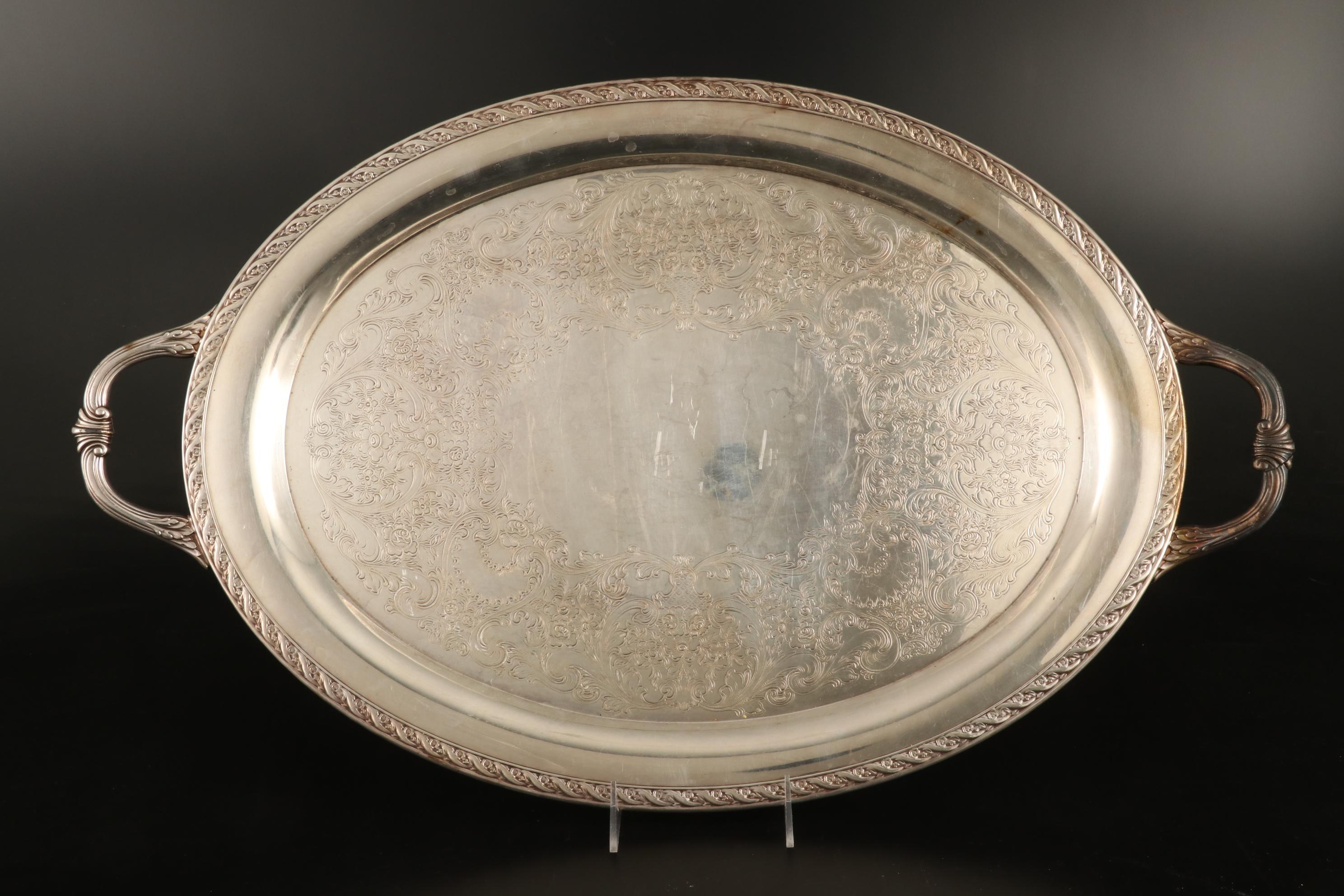 Imperlux Crystal Biscuit Barrel and Silver Plate Serving Pieces, Mid-20th C.