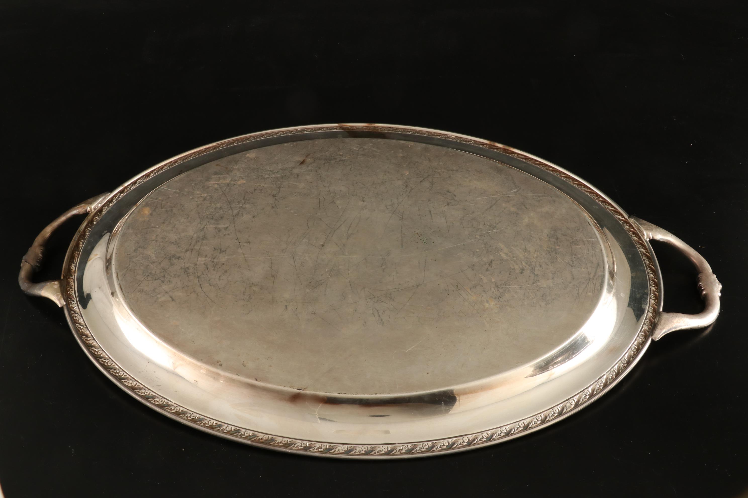 Imperlux Crystal Biscuit Barrel and Silver Plate Serving Pieces, Mid-20th C.