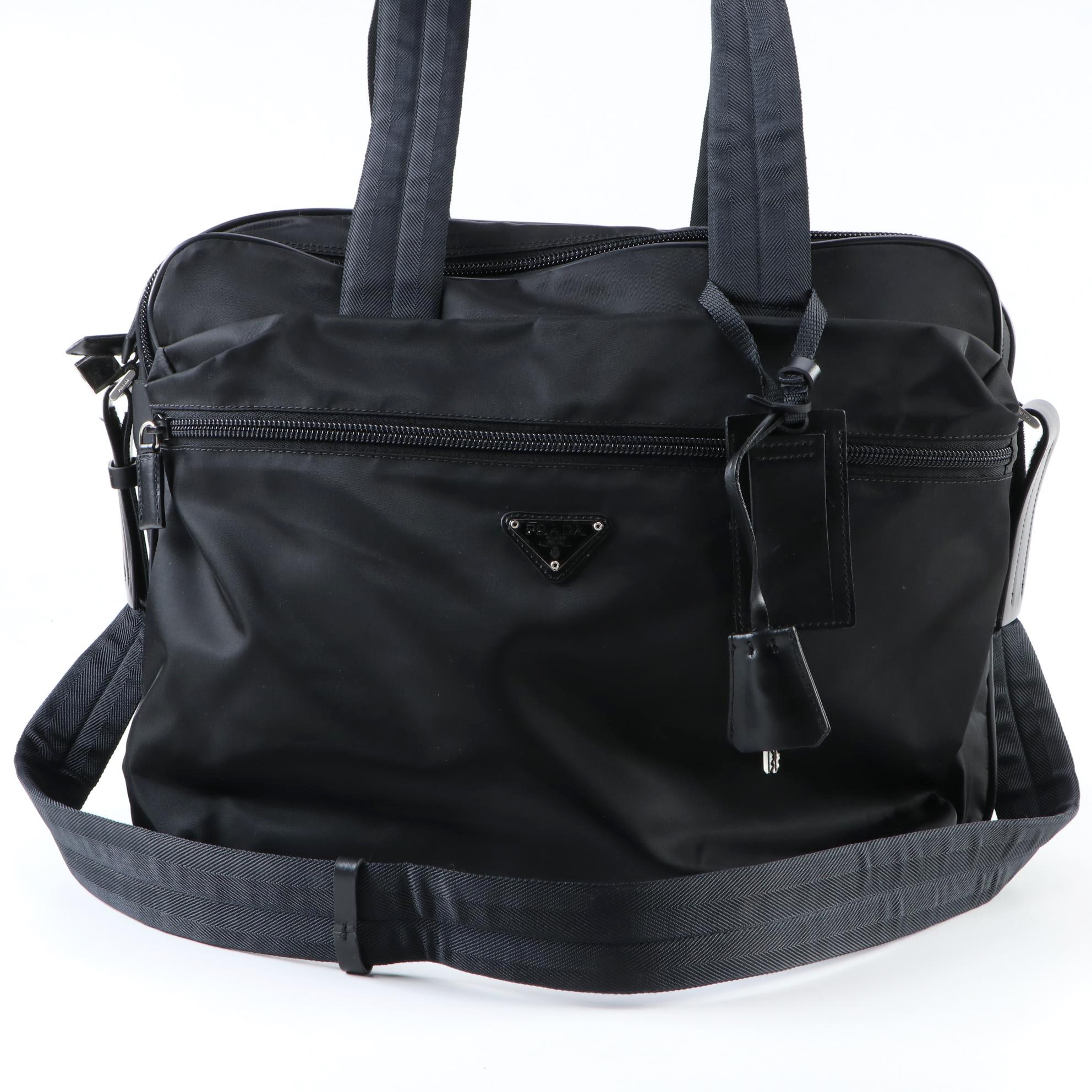 Prada Large Travel Bag in Black Nylon with Grosgrain Canvas Handles