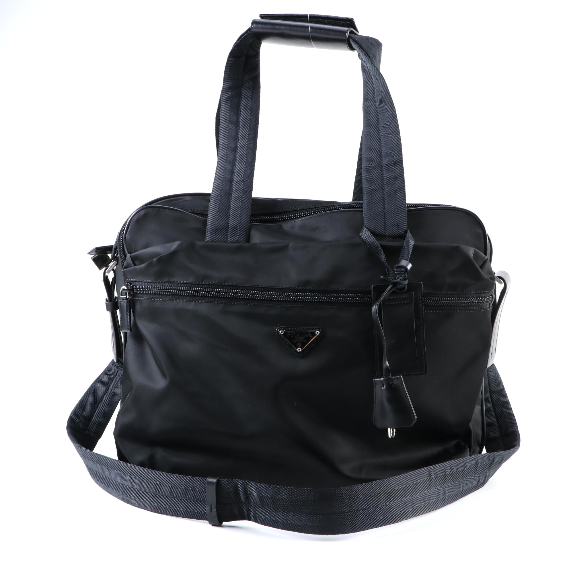 Prada Large Travel Bag in Black Nylon with Grosgrain Canvas Handles