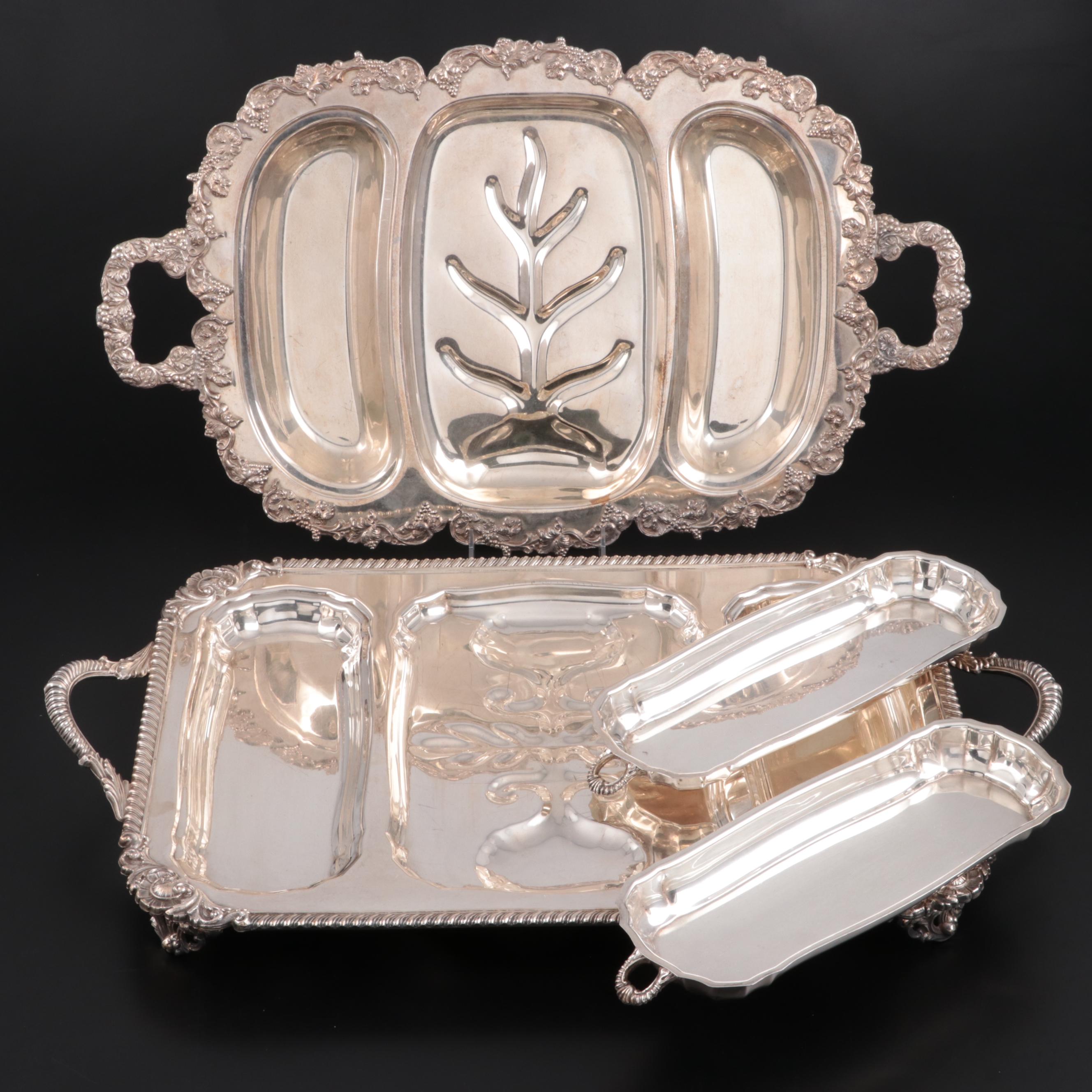 Sheridan and English Silver Mfg. Co. Divided Meat Trays, Mid-Late 20th Century