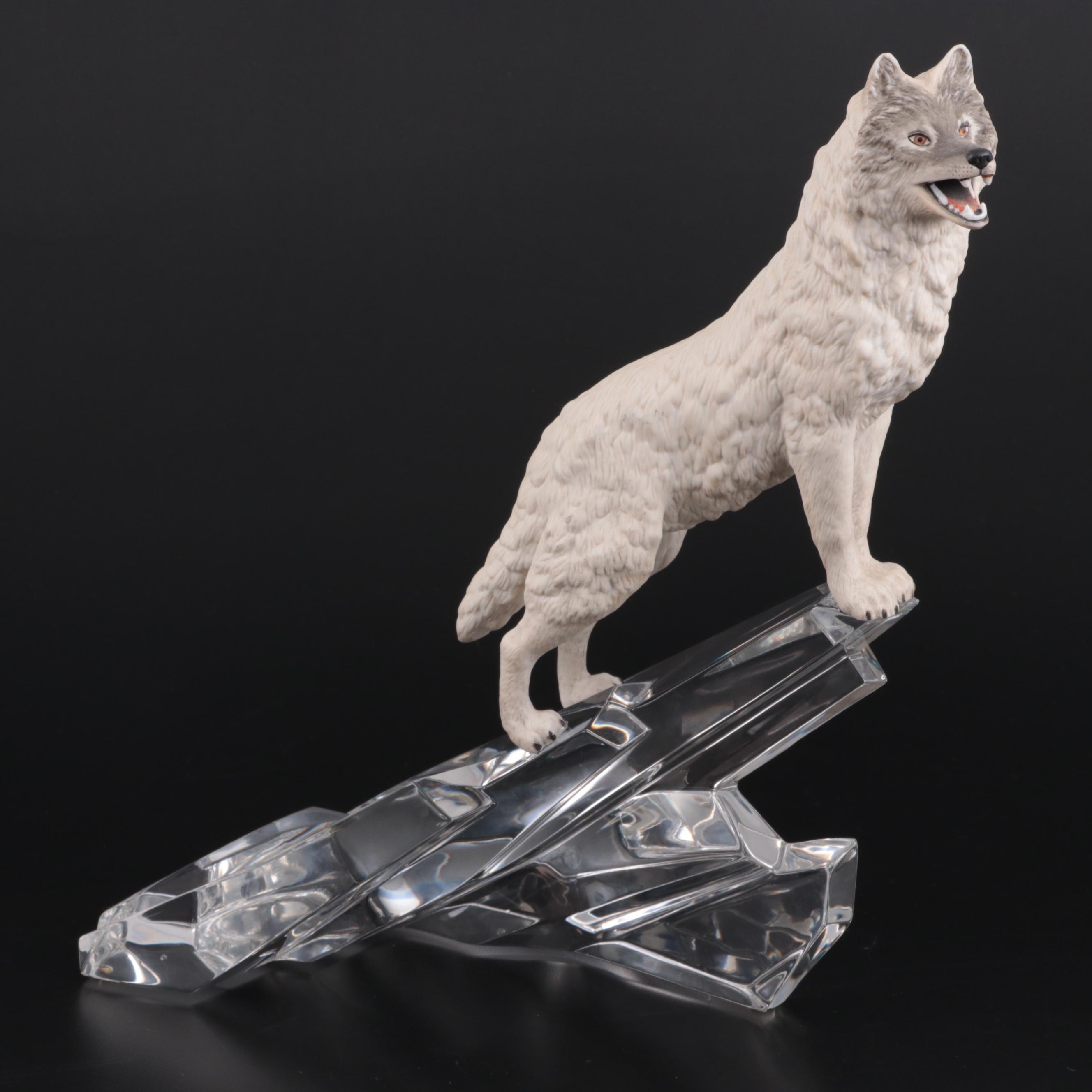 Franklin Mint "Cry of the North" Porcelain Wolf on Crystal Iceberg Figurine