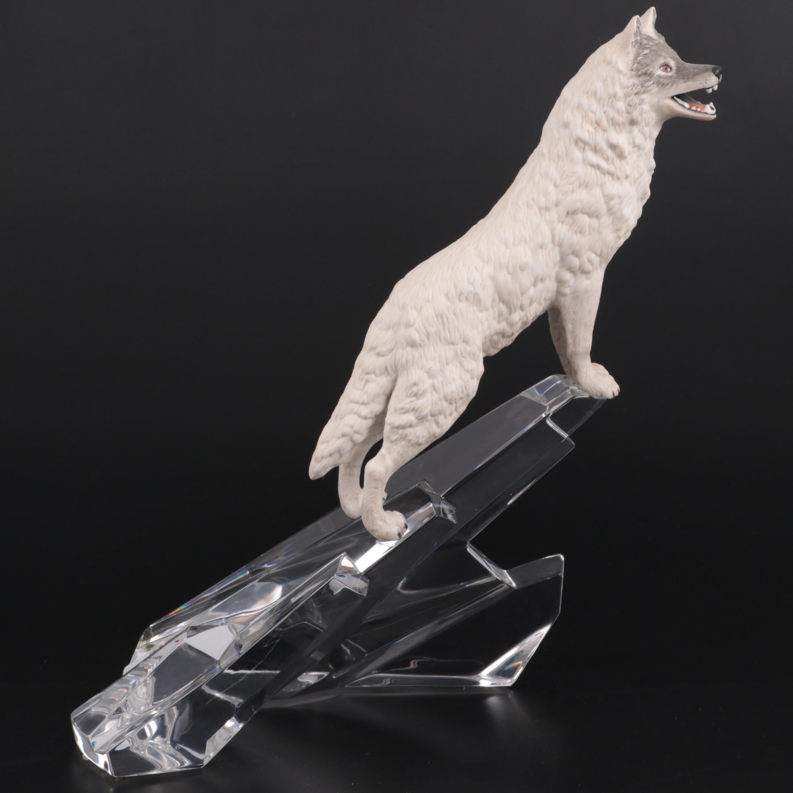 Franklin Mint "Cry of the North" Porcelain Wolf on Crystal Iceberg Figurine