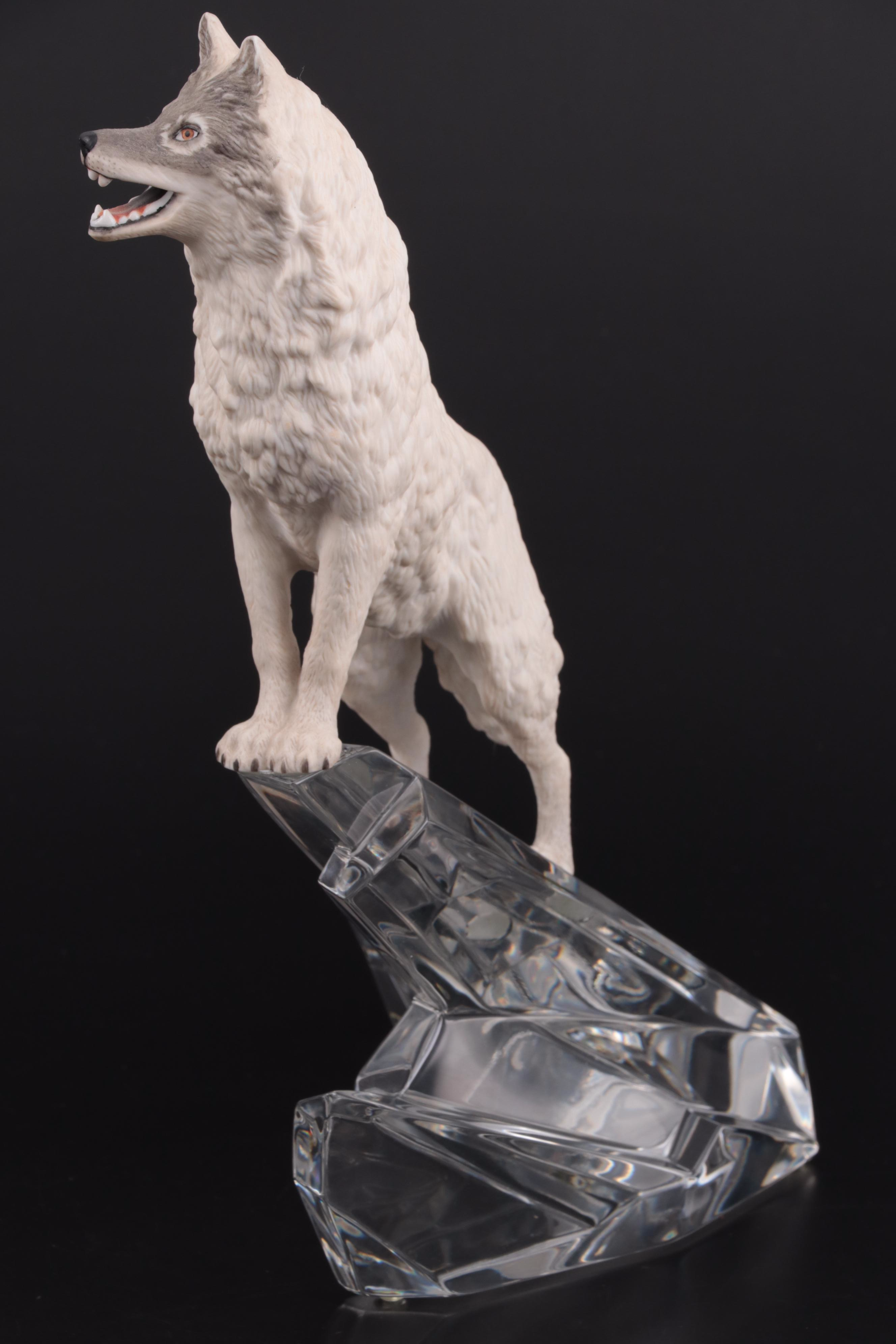 Franklin Mint "Cry of the North" Porcelain Wolf on Crystal Iceberg Figurine