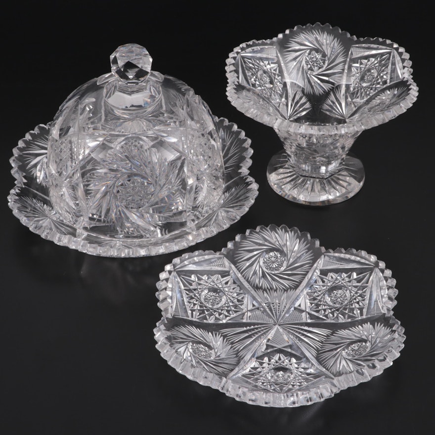 Brilliant Cut Glass Covered Butter Dish, Compote, and Plate