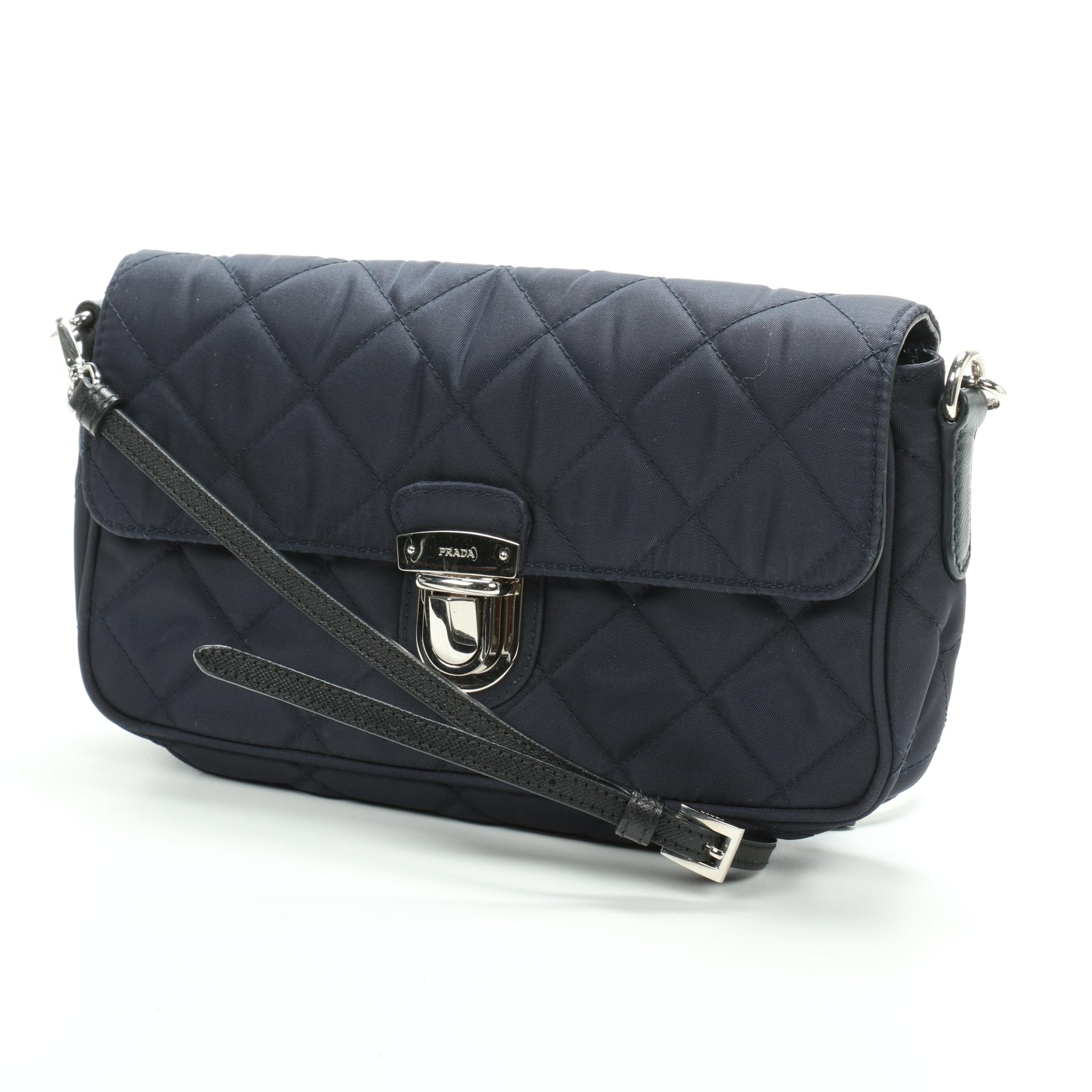 Prada Pushlock Crossbody Bag in Navy Blue Quilted Tessuto Nylon