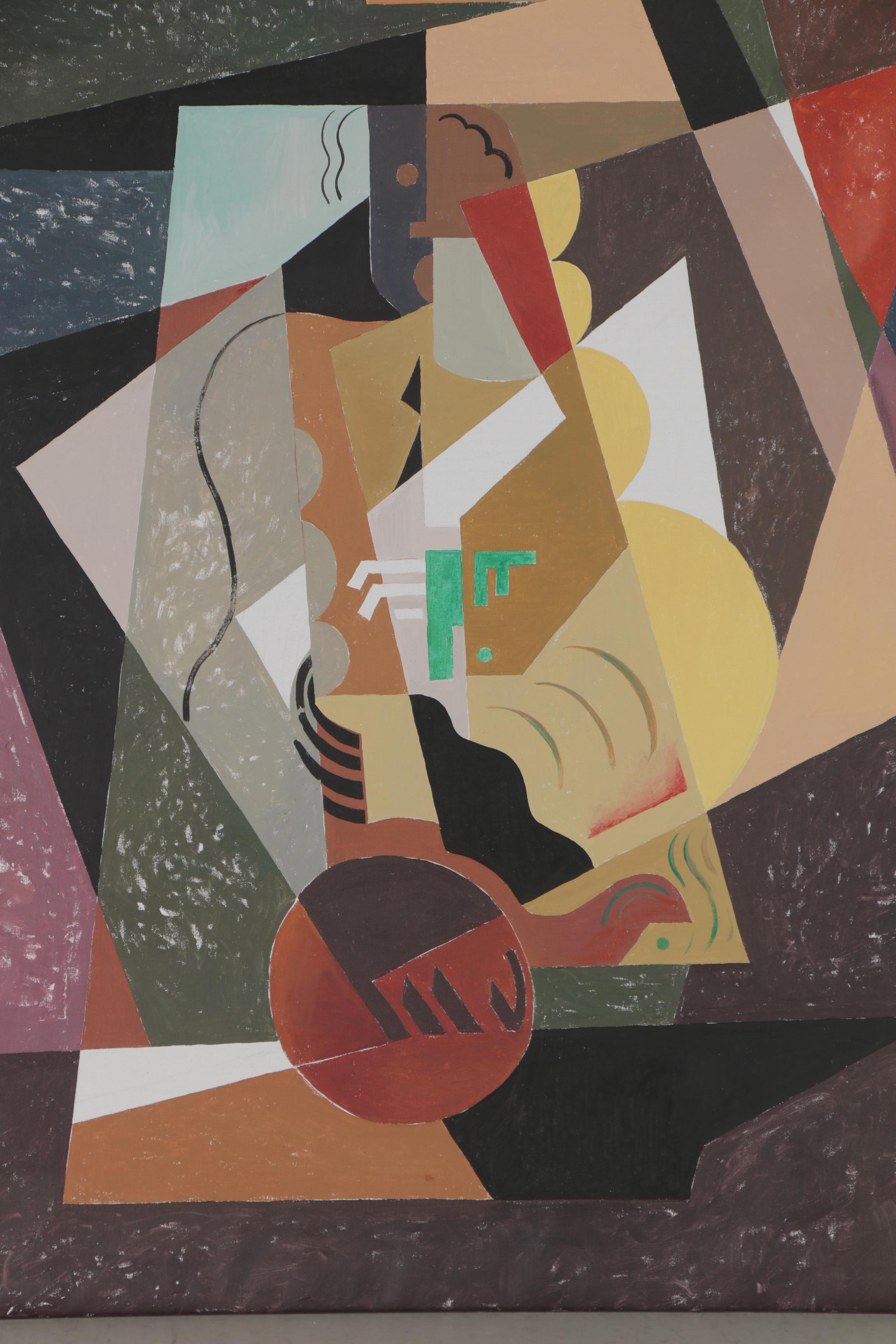 Eduardo Oliva Cubist Acrylic Painting "Musico/Cubista," 1969 - 1980