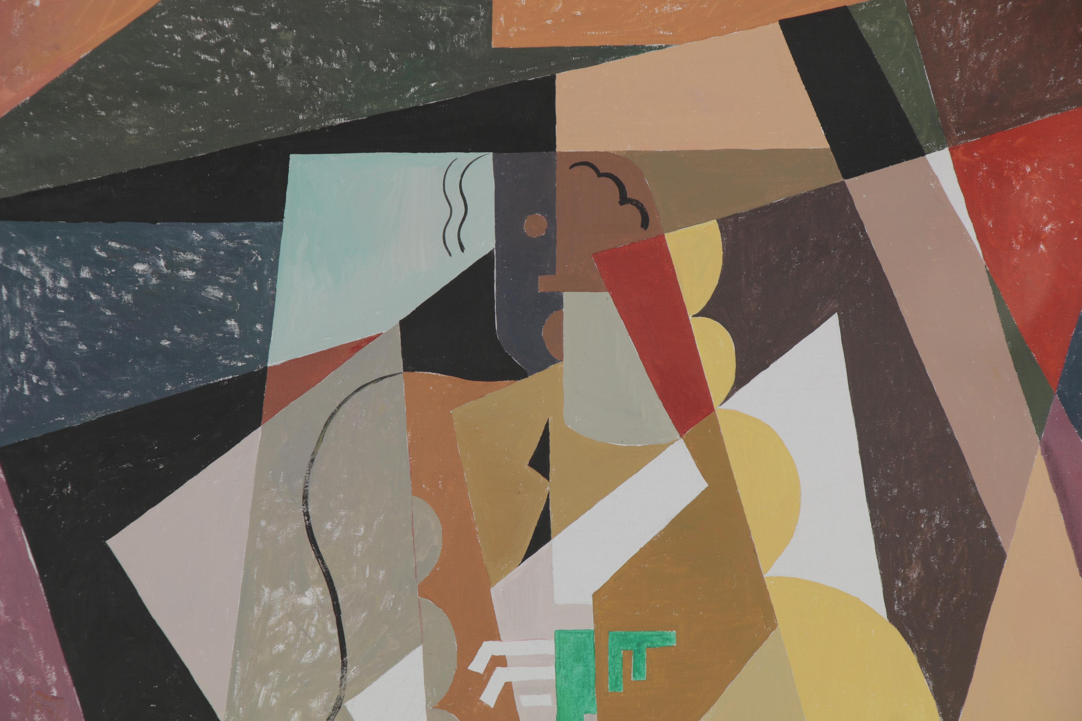 Eduardo Oliva Cubist Acrylic Painting "Musico/Cubista," 1969 - 1980