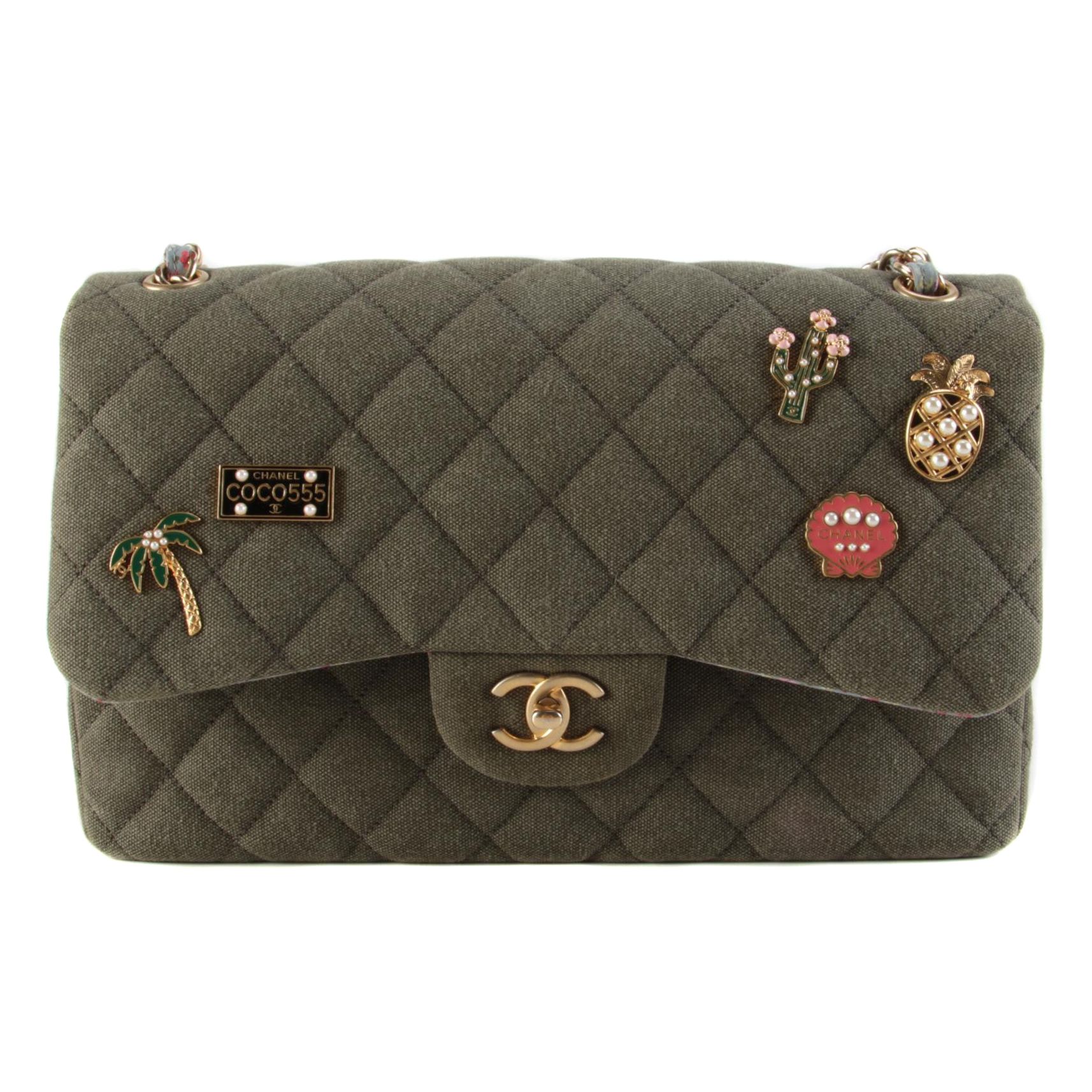 Chanel Cuba Charms Medium Double Flap Bag in Khaki Quilted Canvas