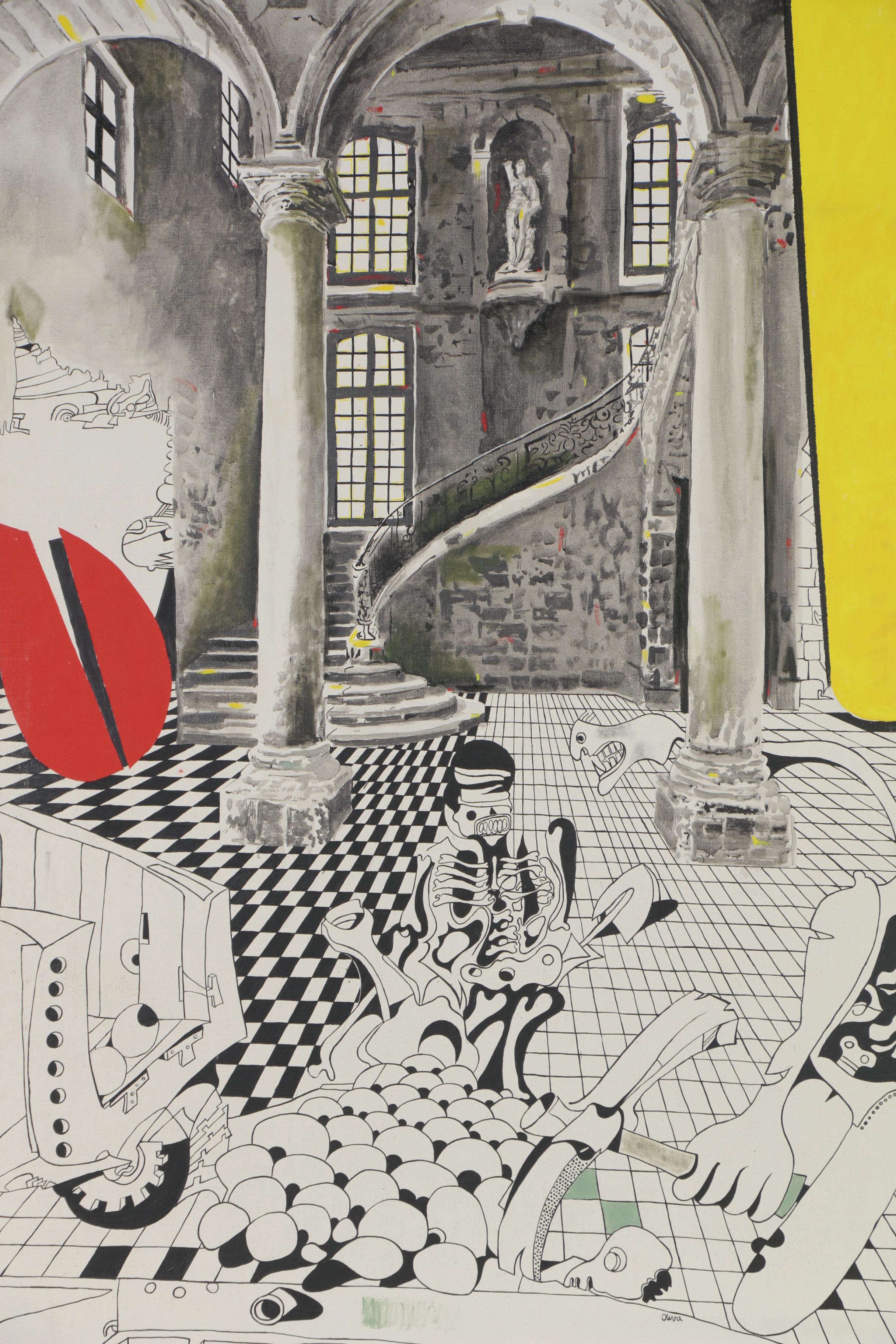 Eduardo Oliva Monumental Surrealist Acrylic Painting "El Palacio," 1980