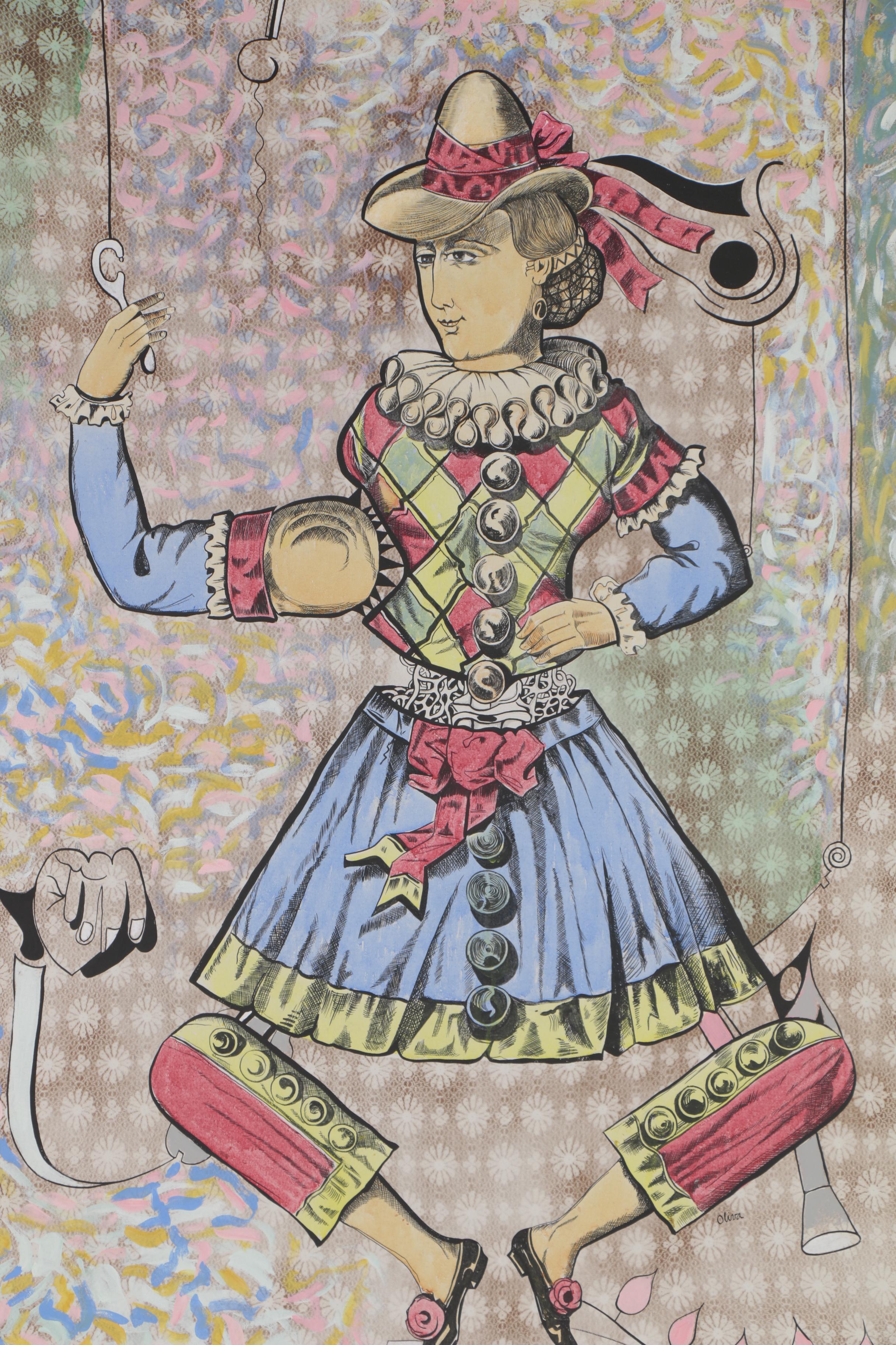 Eduardo Oliva Monumental Mixed Media Painting "Señora Arlequin Concada El Hilo"