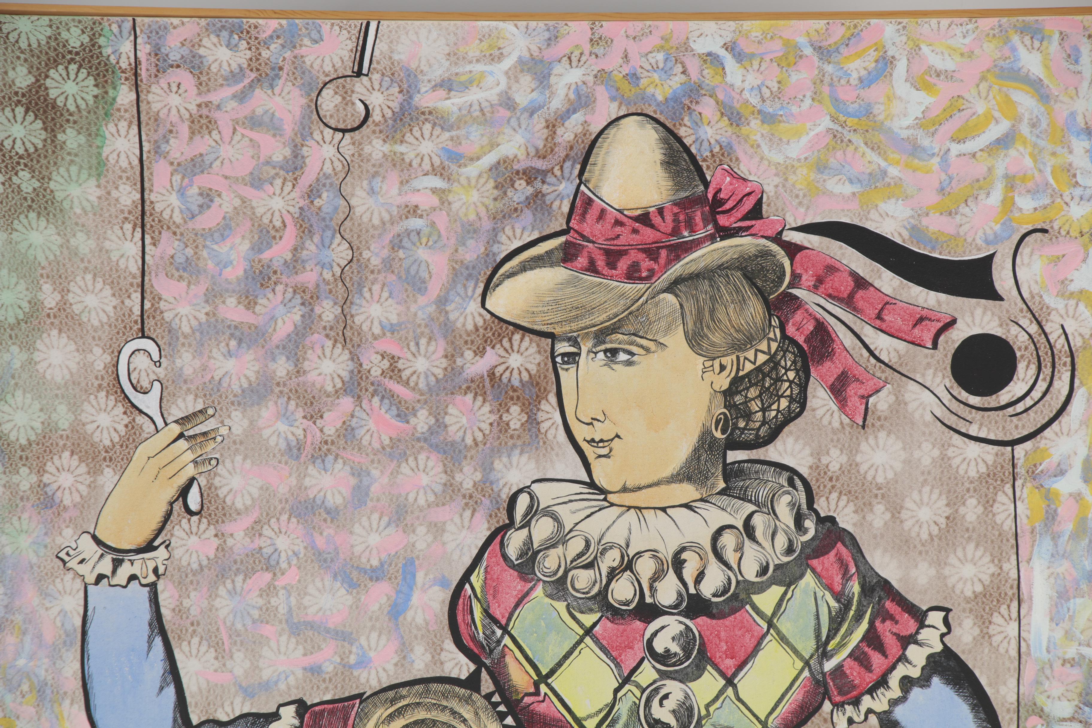 Eduardo Oliva Monumental Mixed Media Painting "Señora Arlequin Concada El Hilo"